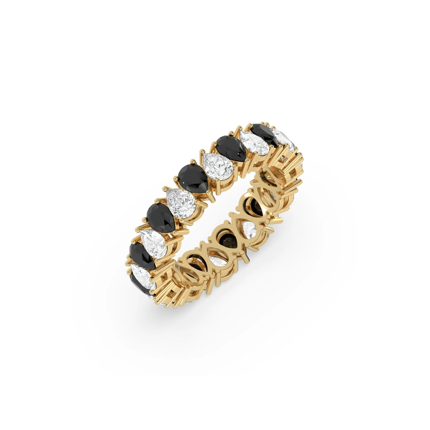 14K Yellow Gold Pear Black and White Diamond Eternity Ring