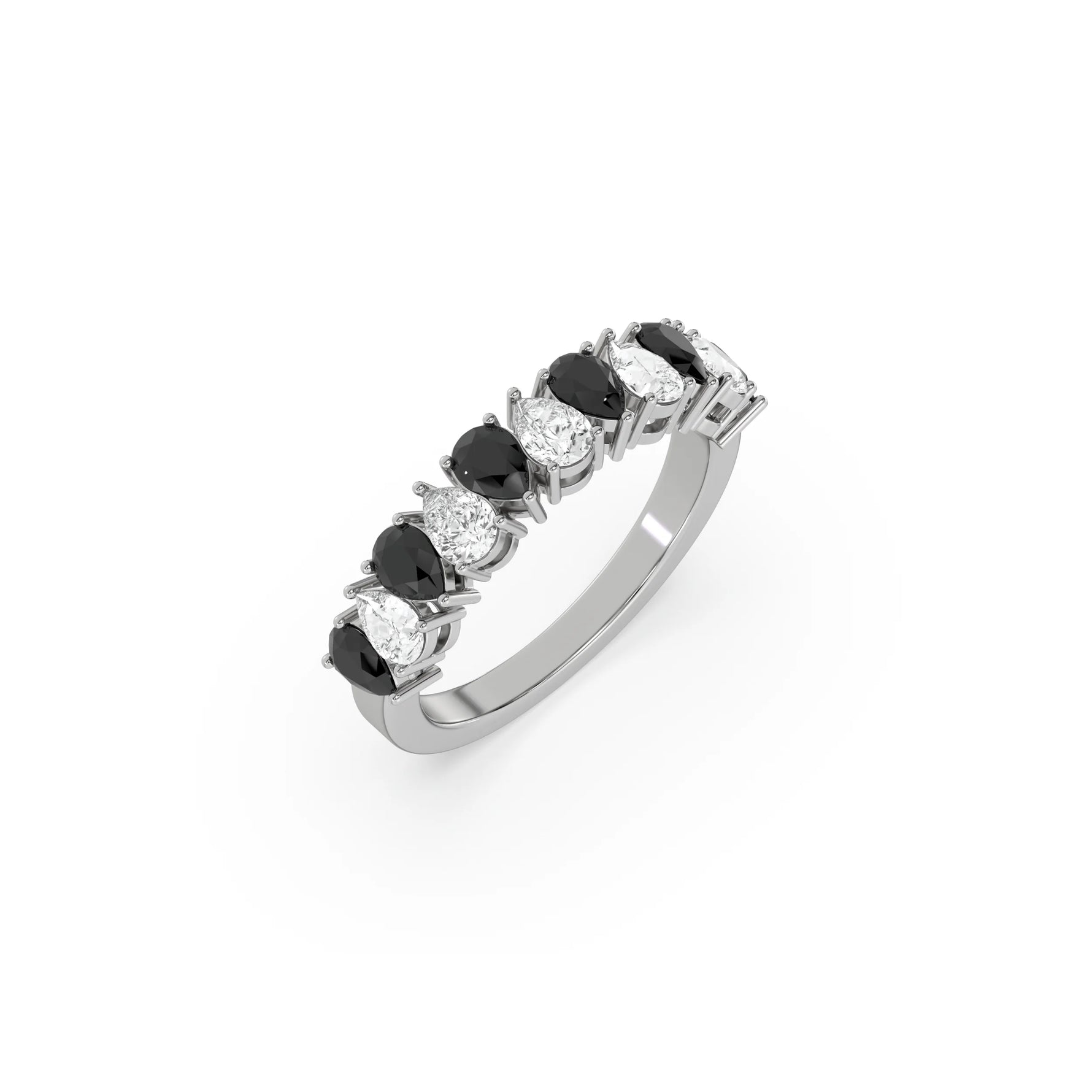 14K White Gold Pear Black and White Diamond Eternity Ring 