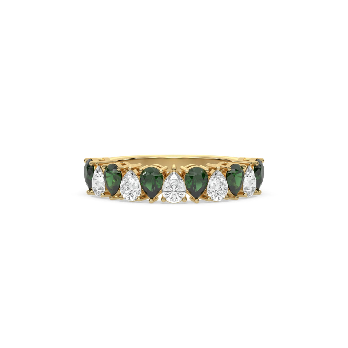 18K Yellow Gold Pear Emerald Gemstone and Diamond Eternity Ring 