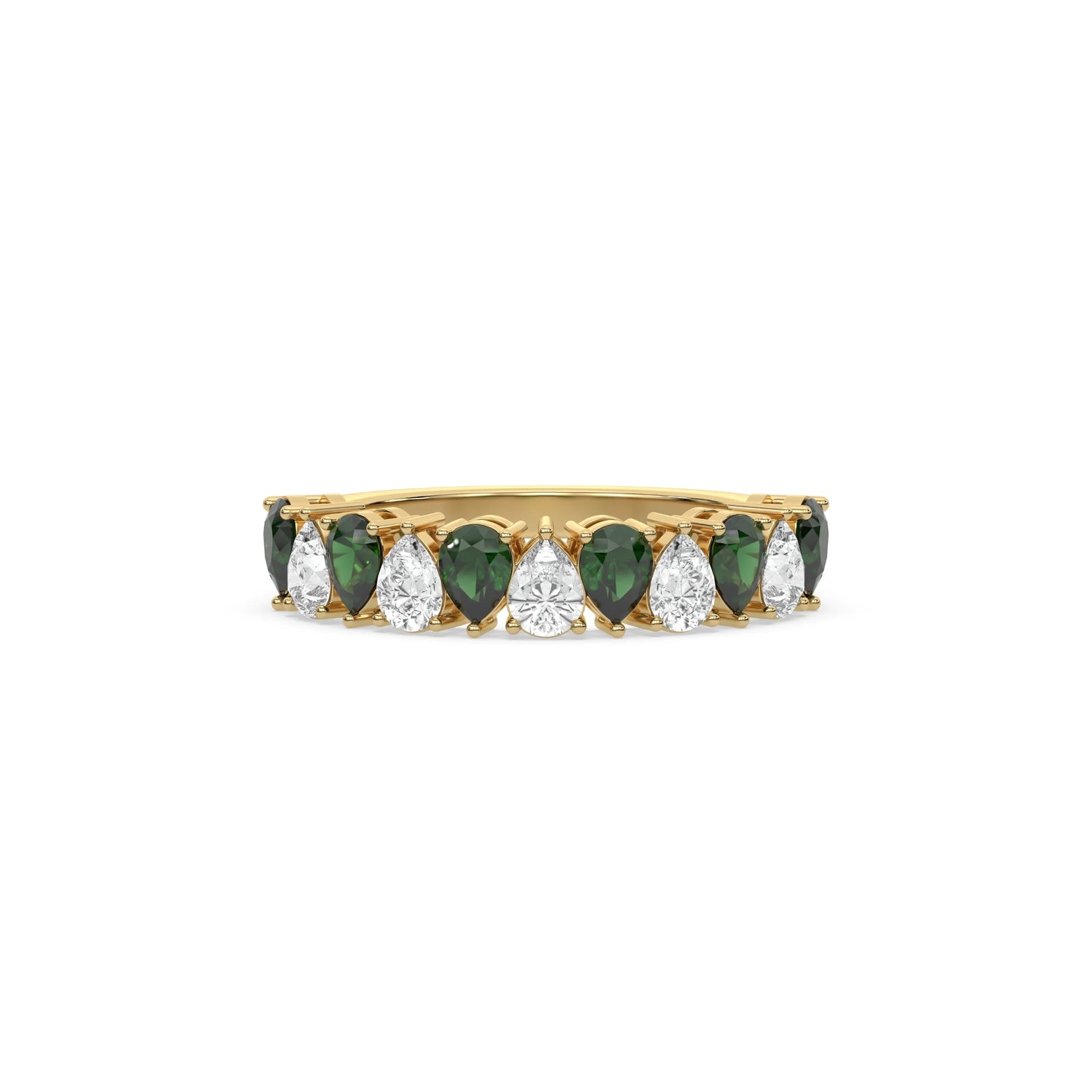 18K Yellow Gold Pear Emerald Gemstone and Diamond Eternity Ring 