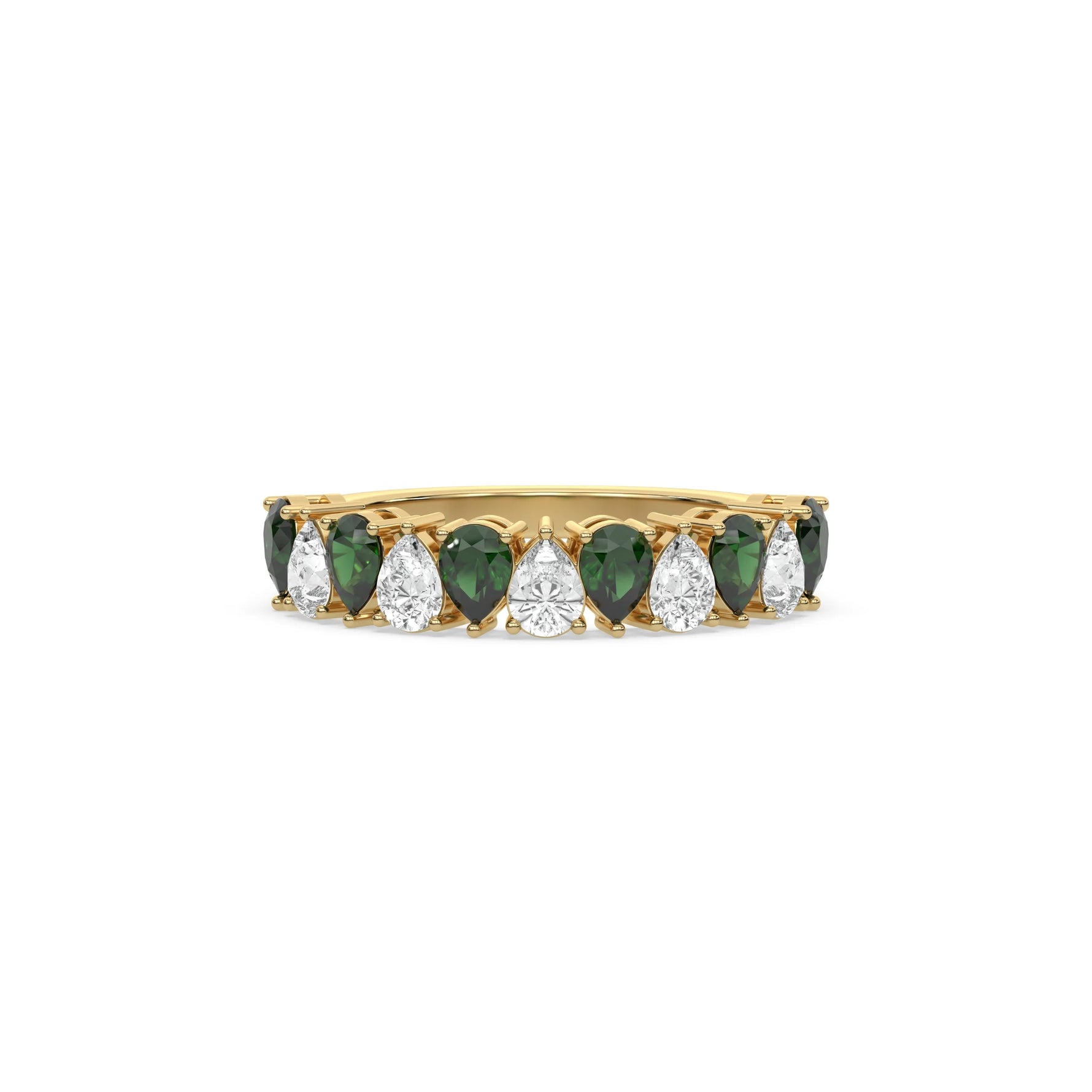 18K Yellow Gold Pear Emerald Gemstone and Diamond Eternity Ring 