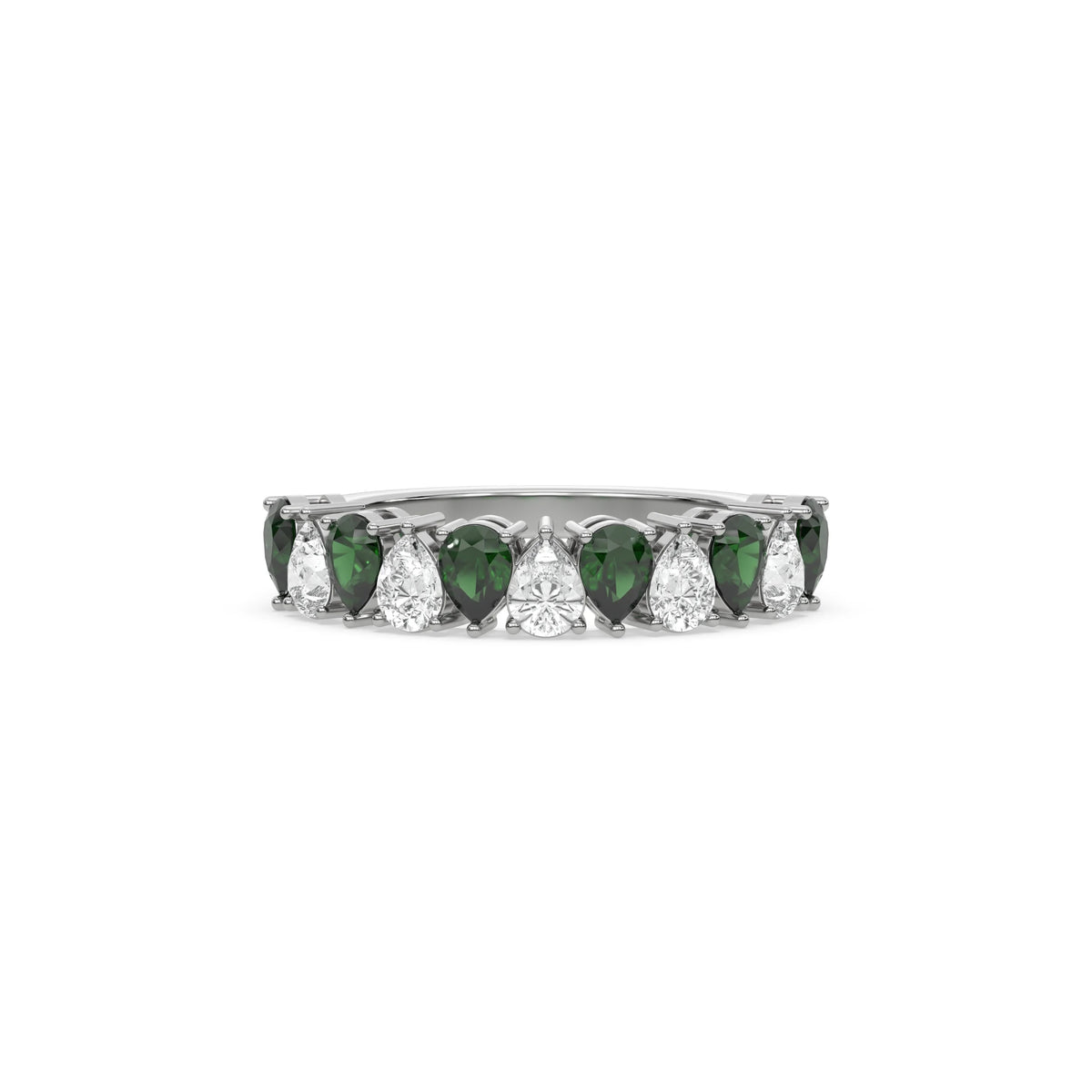 18K White Gold Pear Emerald Gemstone and Diamond Eternity Ring 
