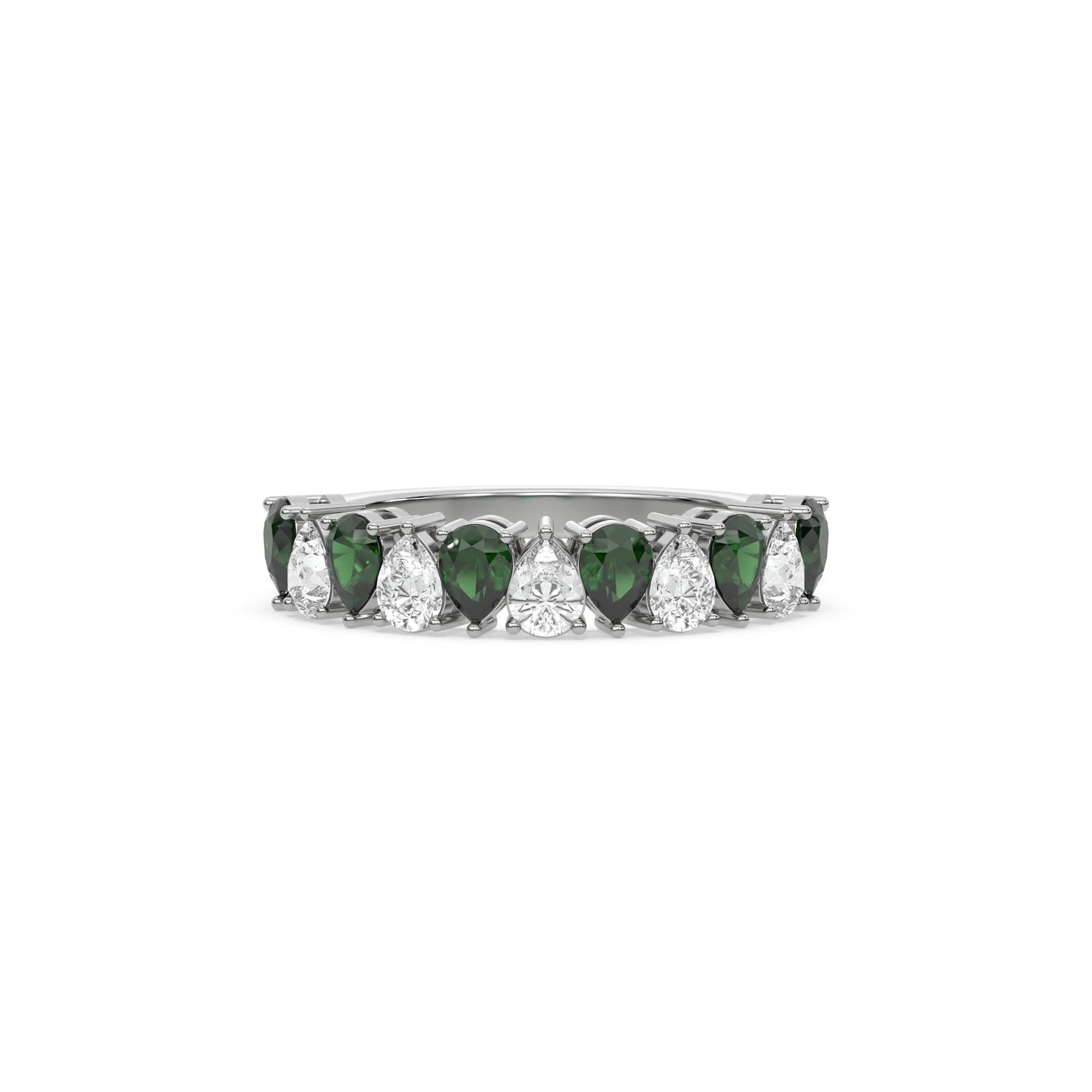 18K White Gold Pear Emerald Gemstone and Diamond Eternity Ring 
