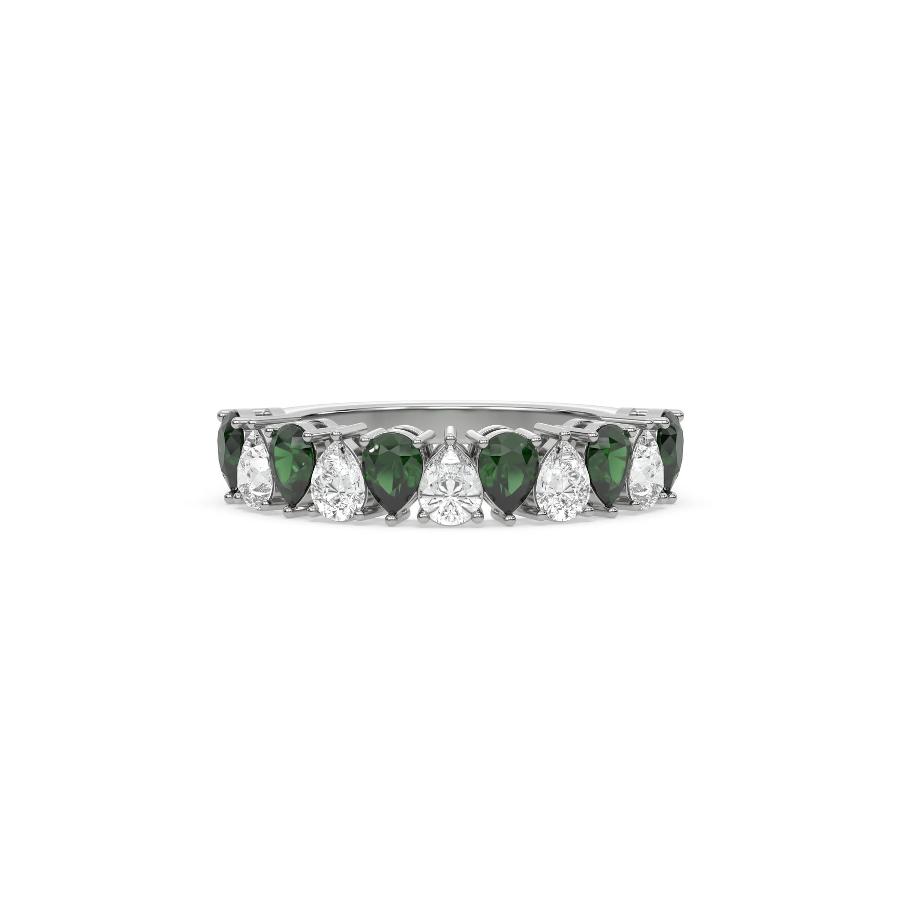18K White Gold Pear Emerald Gemstone and Diamond Eternity Ring 