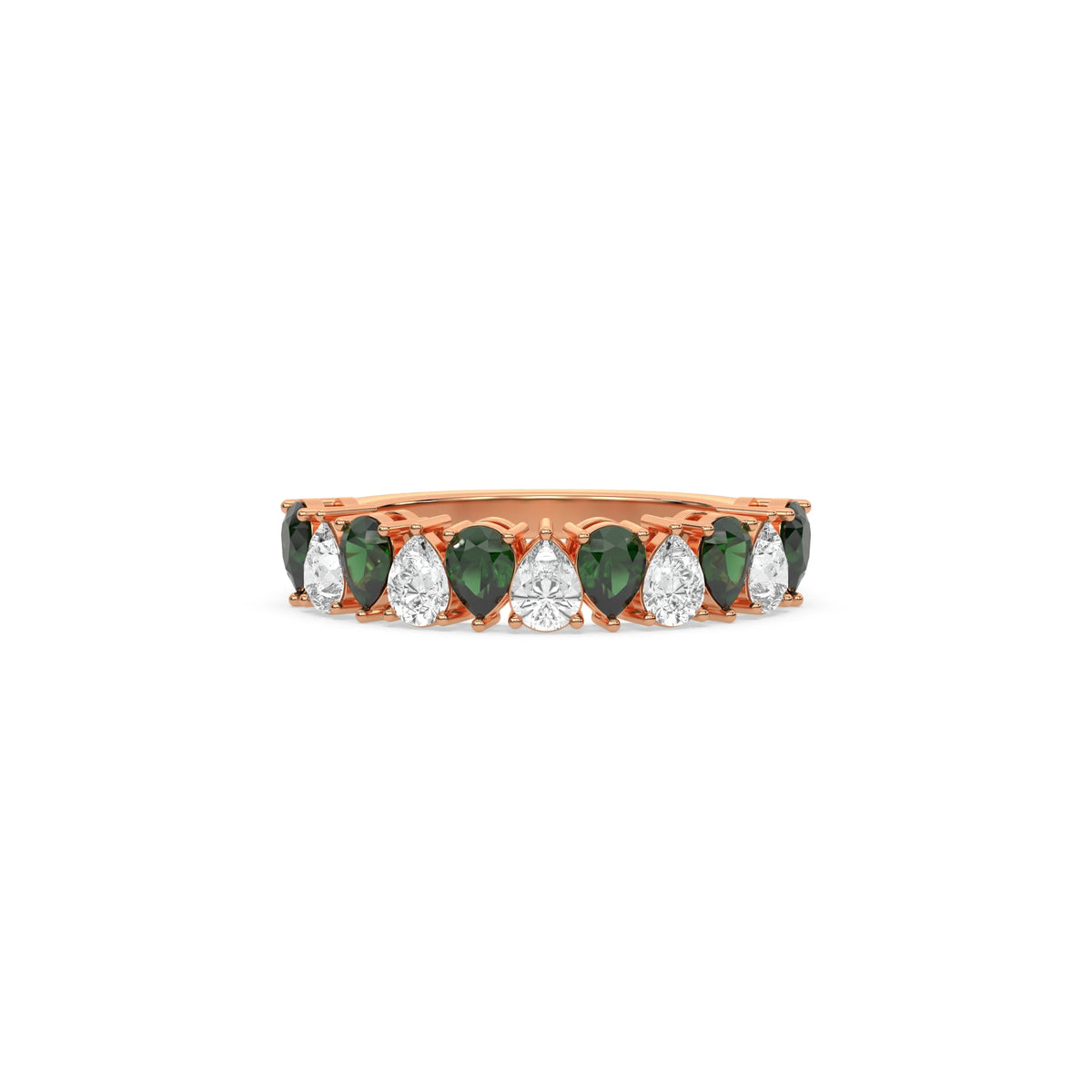 18K Rose Gold Pear Emerald Gemstone and Diamond Eternity Ring 