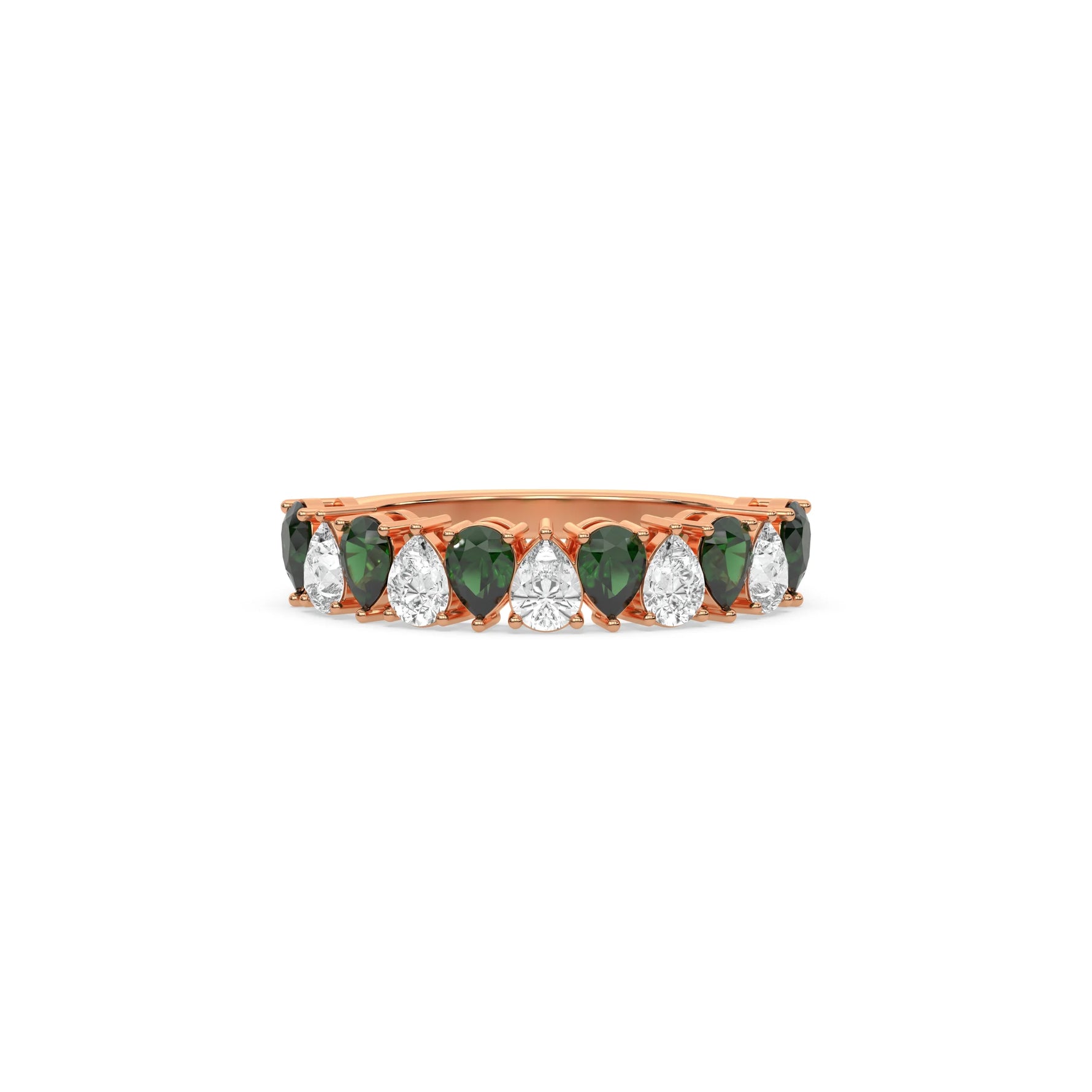 18K Rose Gold Pear Emerald Gemstone and Diamond Eternity Ring 