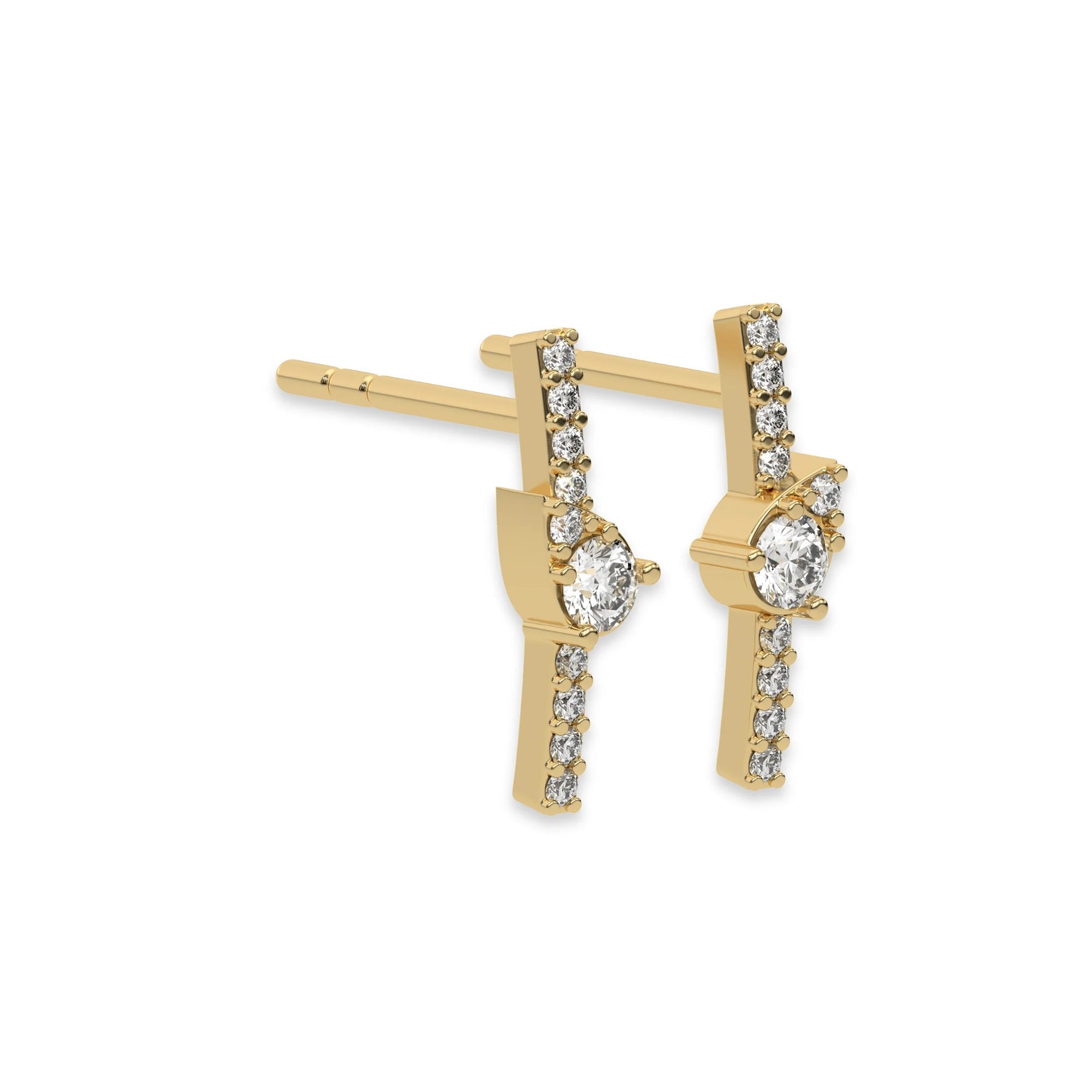 This yellow gold Bar Diamond Earrings made with small round brilliant-cut diamonds in pave setting in side view