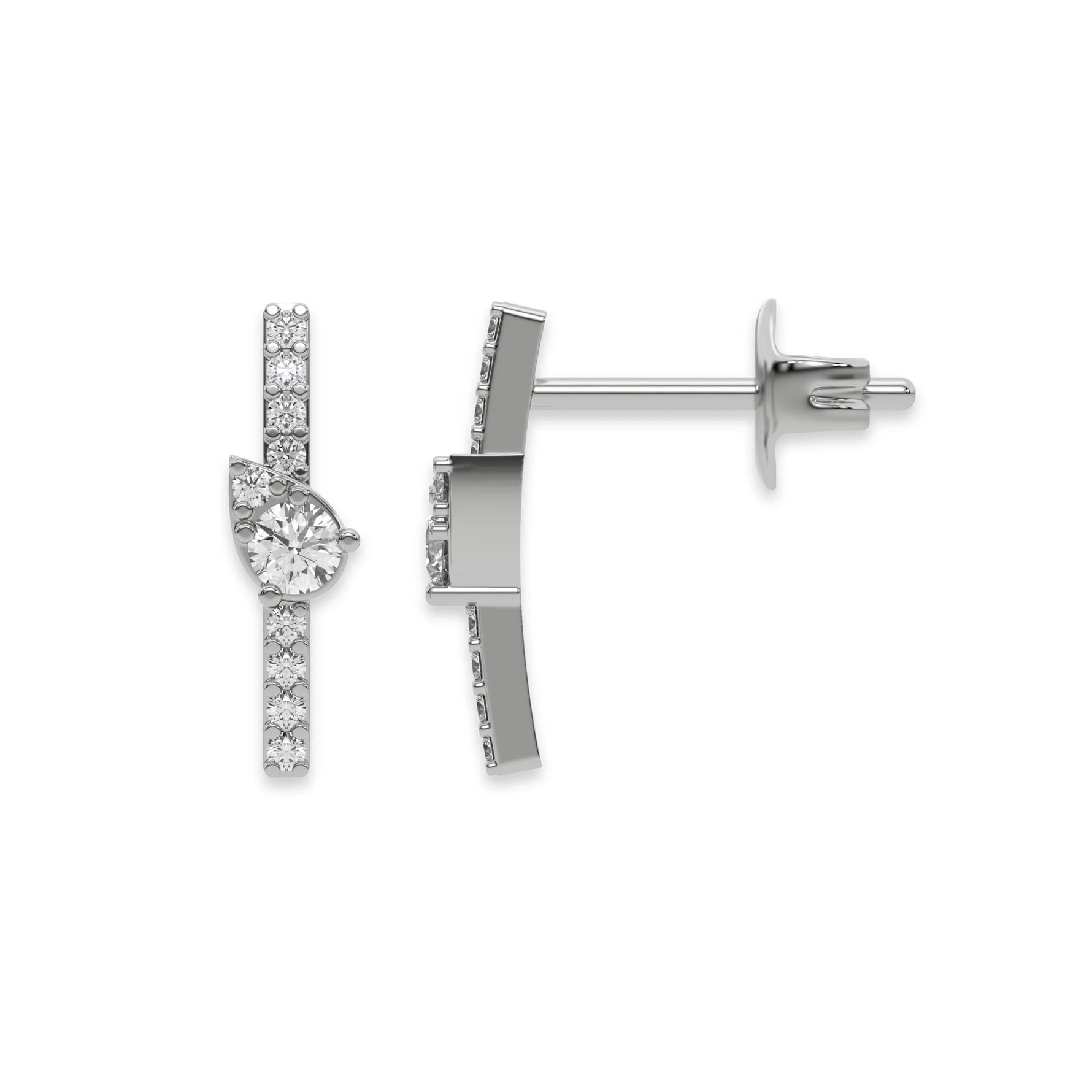 This white gold Bar Diamond Earrings made with small round brilliant-cut diamonds in pave setting in top view and side view