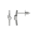 Front and side profile view of a pave-set round diamond stud earring set in white gold, featuring a vertical bar and pear cluster accent with post back.