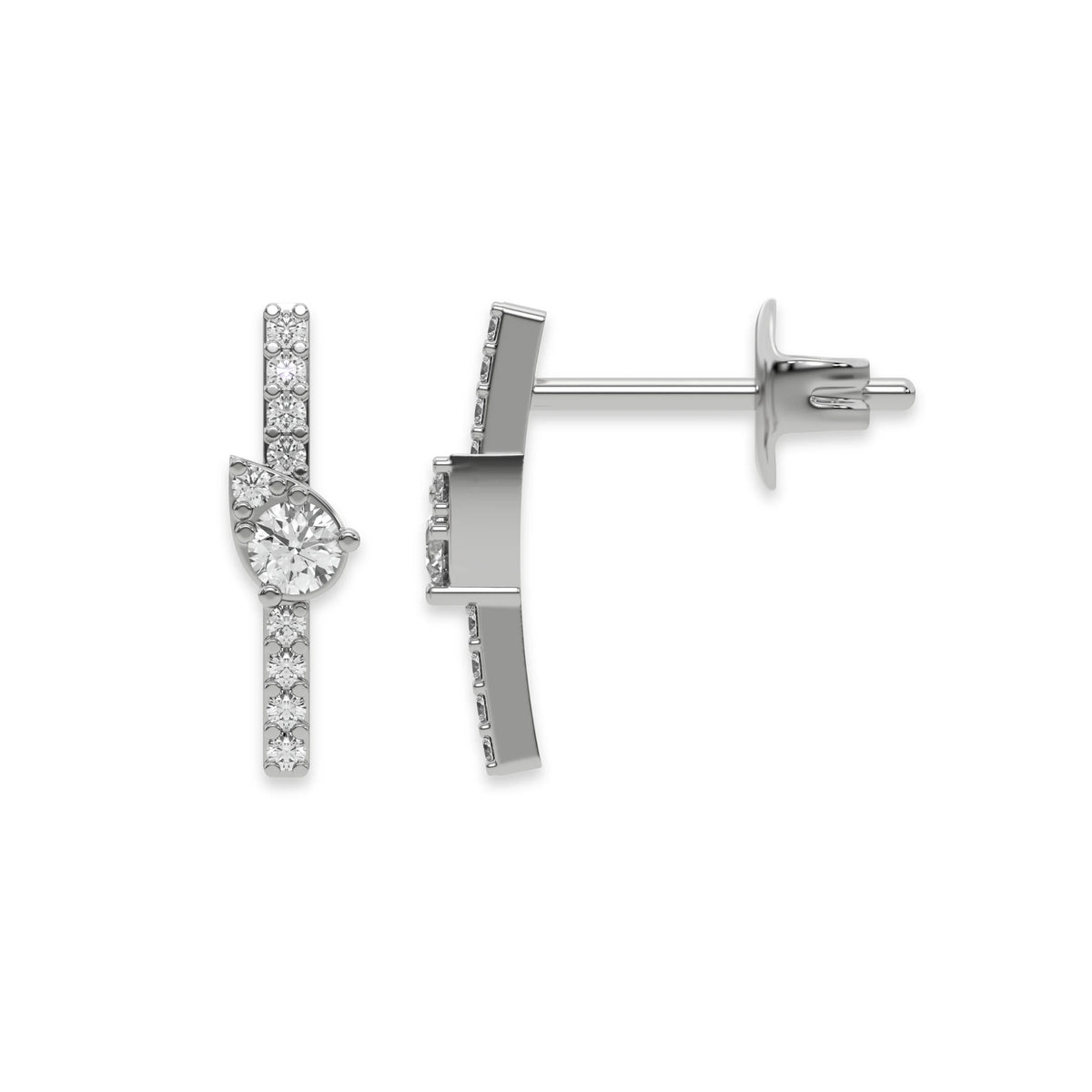 Front and side profile view of a pave-set round diamond stud earring set in white gold, featuring a vertical bar and pear cluster accent with post back.