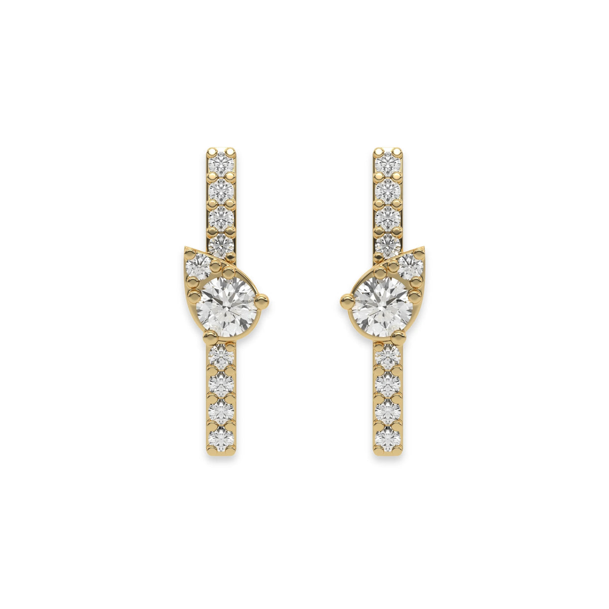 14k yellow gold round cut diamond arranged in pear shape bar stud earrings set in prongs.