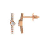 Front and side profile view of a pave-set round diamond stud earring set in rose gold, featuring a vertical bar and pear cluster accent with post back.