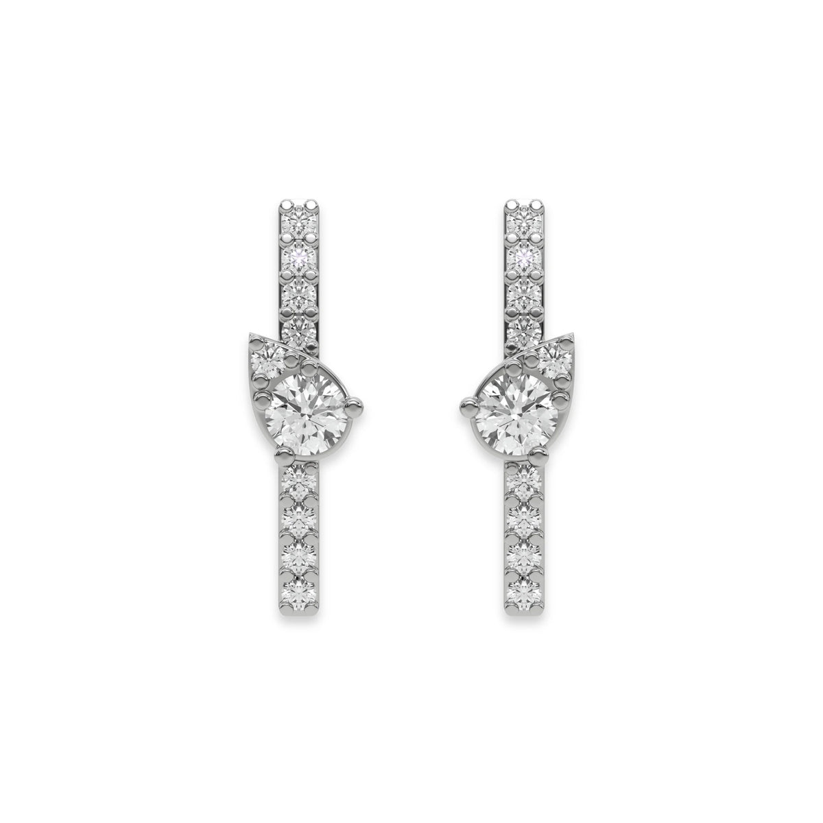 Pair of vertical bar studs in white gold featuring a center pear-accented cluster and a pave-set round diamond stud earring design with sparkling stones.
