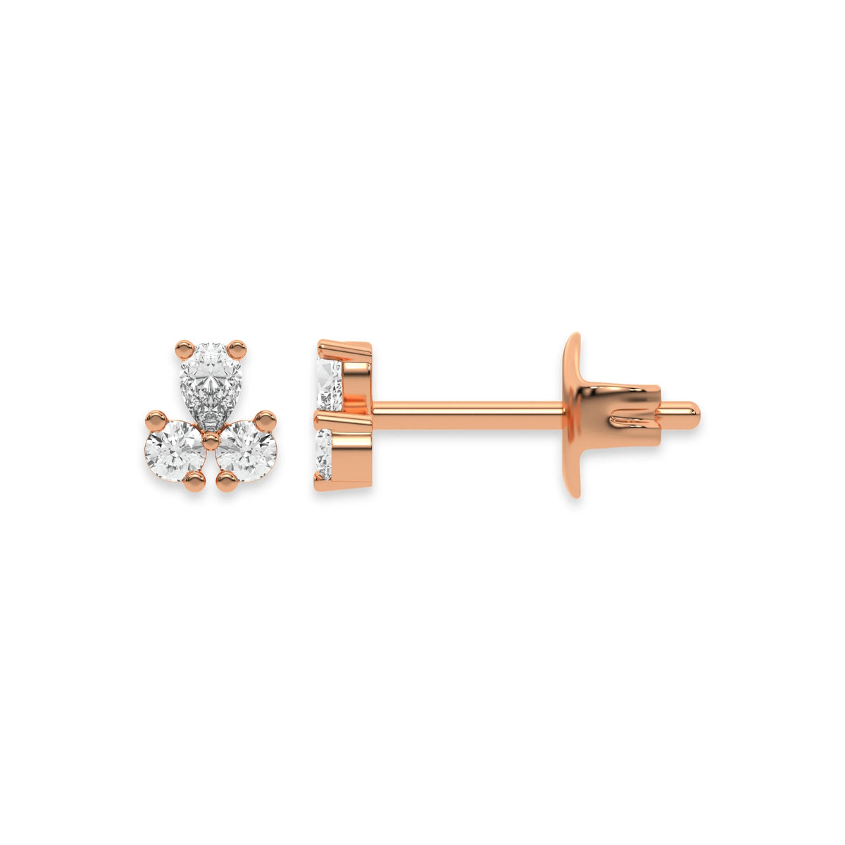 This rose gold Trio Diamond Earrings made using two round brilliant-cut diamonds and a pear diamond, securely set in prong setting in top view and side view