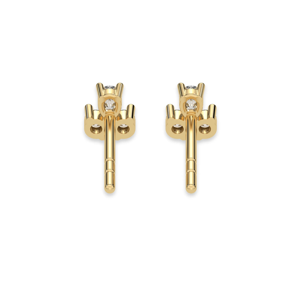 This yellow gold Trio Diamond Earrings made using two round brilliant-cut diamonds and a pear diamond, securely set in prong setting in back view