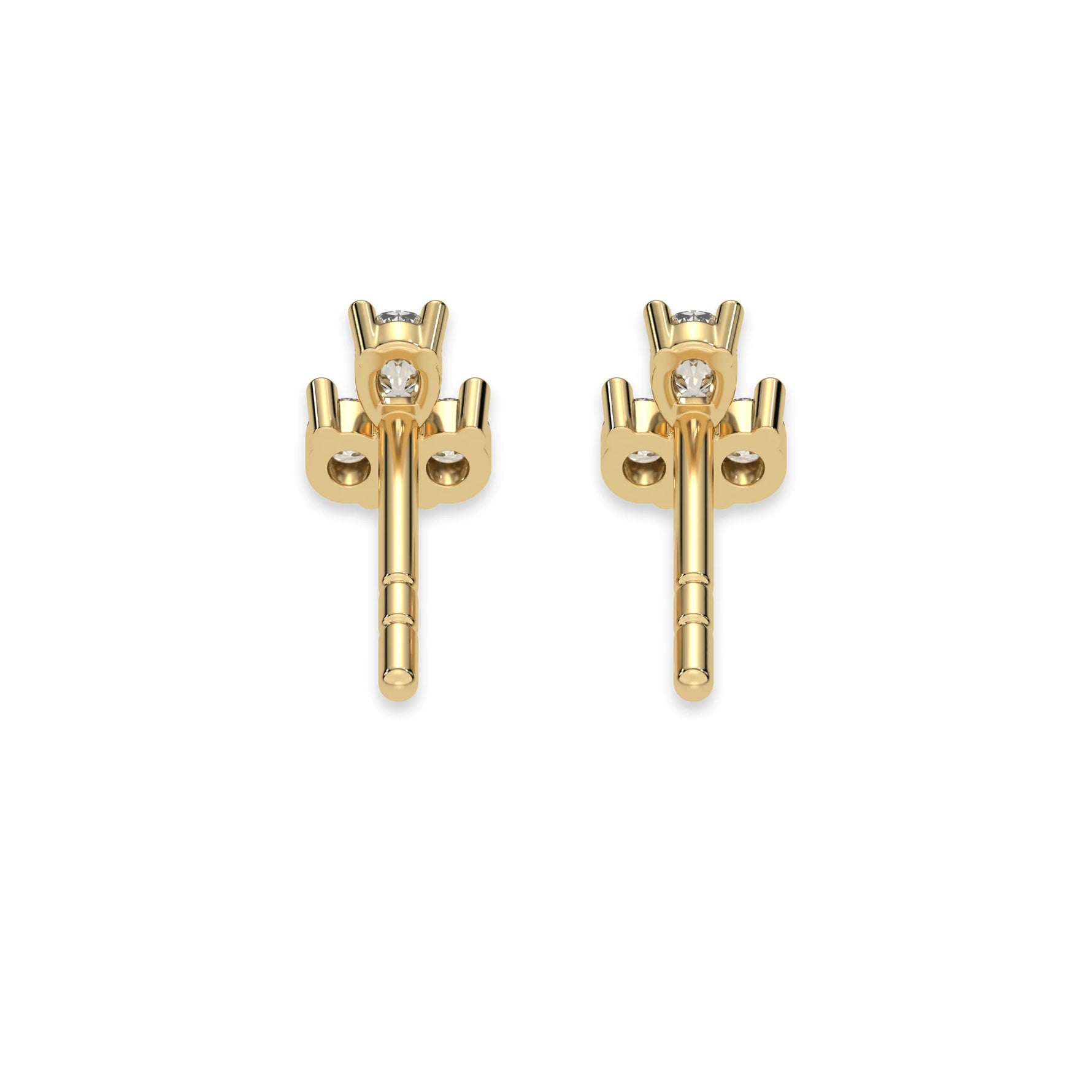 This yellow gold Trio Diamond Earrings made using two round brilliant-cut diamonds and a pear diamond, securely set in prong setting in back view