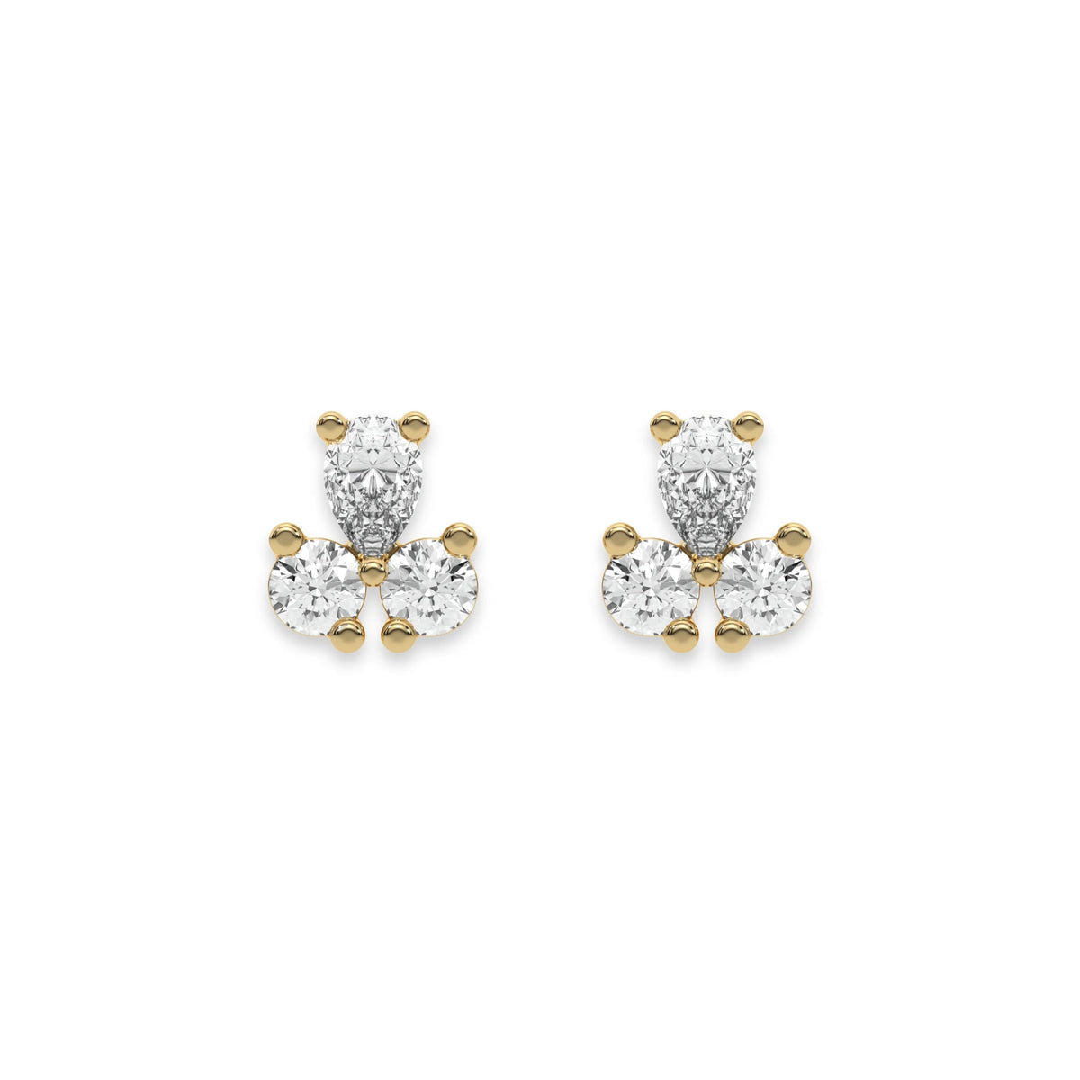 This yellow gold Trio Diamond Earrings made using two round brilliant-cut diamonds and a pear diamond, securely set in prong setting in top view