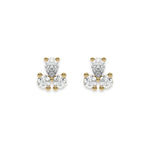 This yellow gold Trio Diamond Earrings made using two round brilliant-cut diamonds and a pear diamond, securely set in prong setting in top view