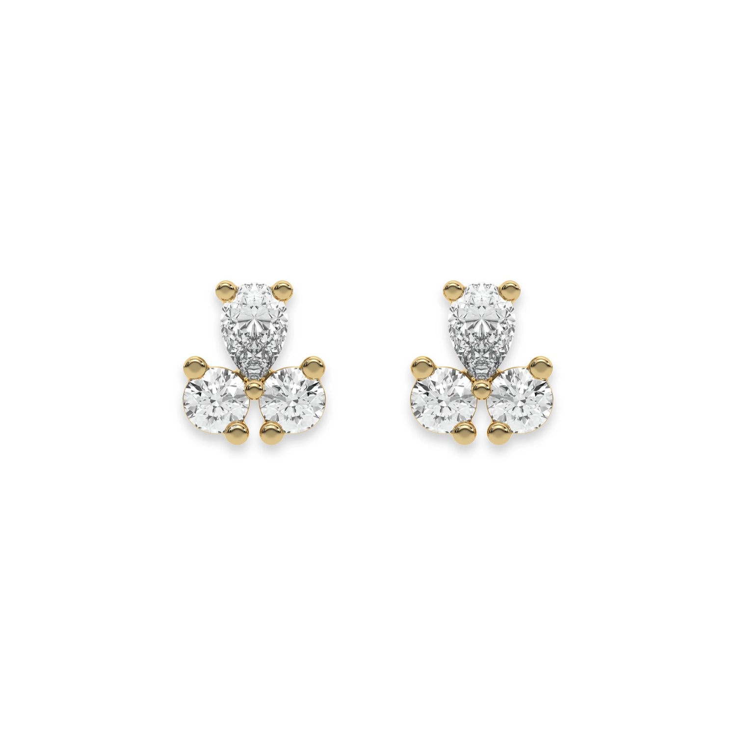 This yellow gold Trio Diamond Earrings made using two round brilliant-cut diamonds and a pear diamond, securely set in prong setting in top view