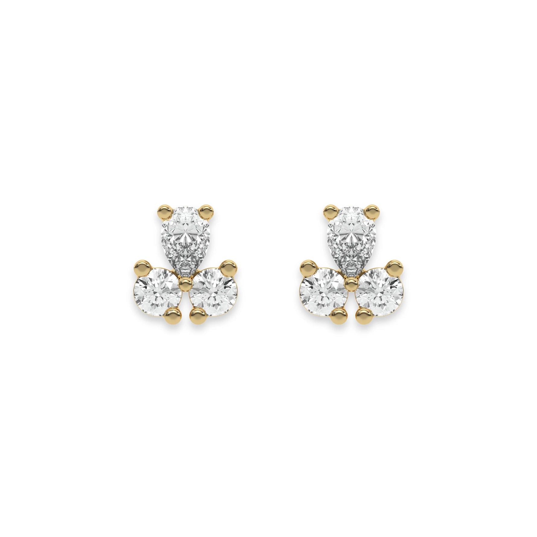 This yellow gold Trio Diamond Earrings made using two round brilliant-cut diamonds and a pear diamond, securely set in prong setting in top view