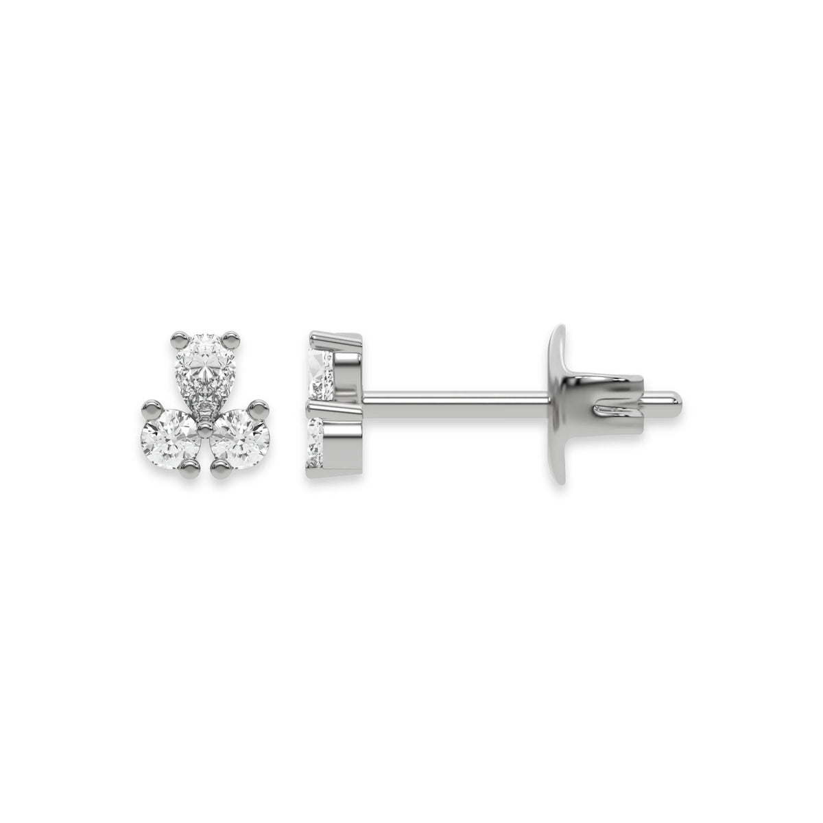 This white gold Trio Diamond Earrings made using two round brilliant-cut diamonds and a pear diamond, securely set in prong setting in top view and side view