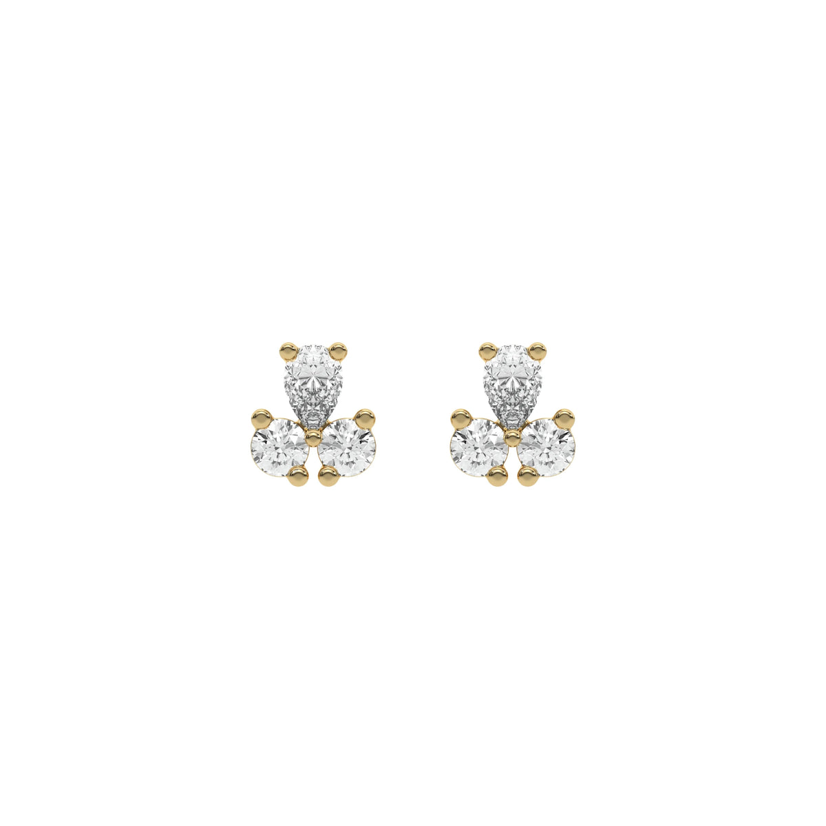 18k Yellow gold pear shaped and round cut diamond cluster stud earrings in prong setting.