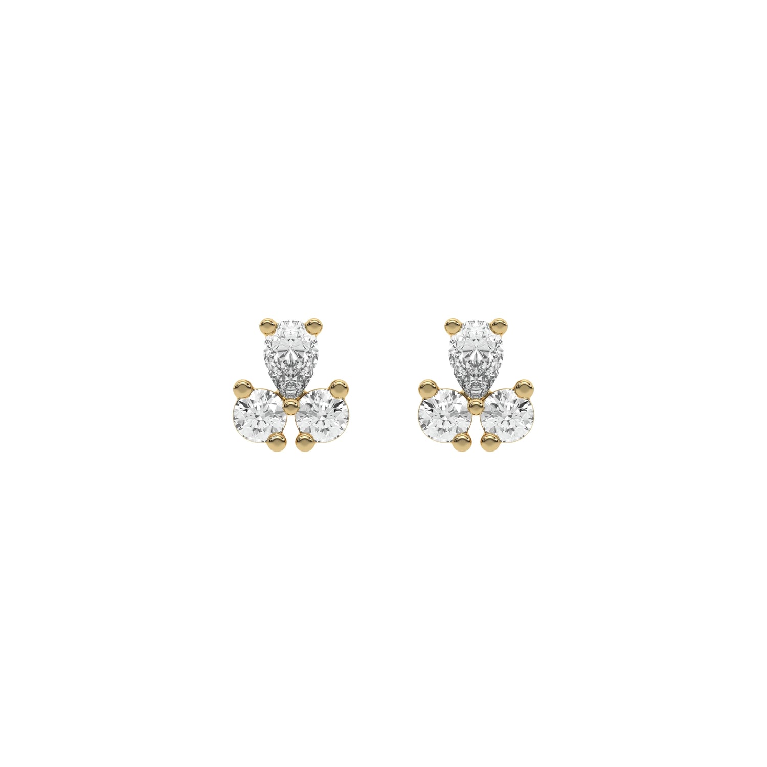 18k Yellow gold pear shaped and round cut diamond cluster stud earrings in prong setting.