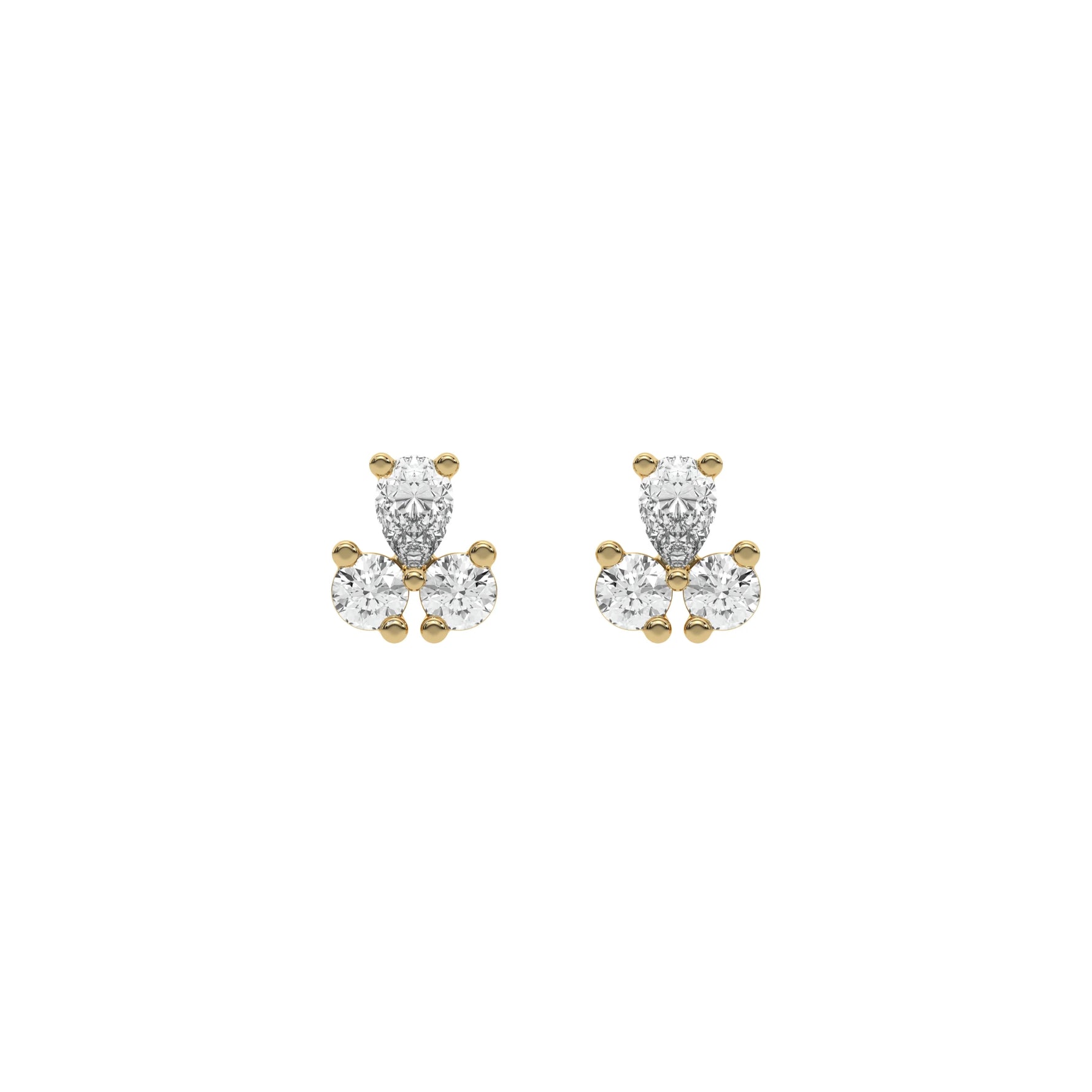 18k Yellow gold pear shaped and round cut diamond cluster stud earrings in prong setting.