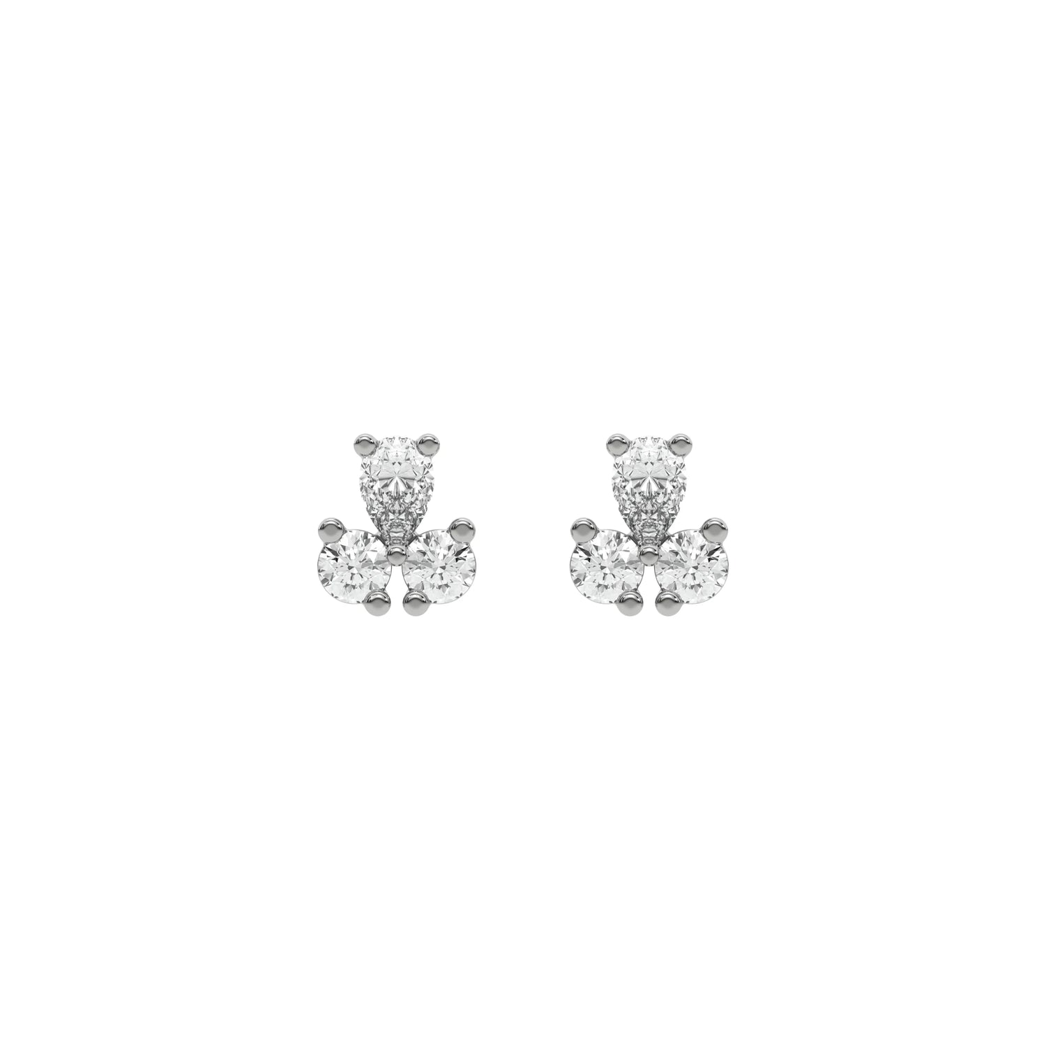 18k white gold pear shaped and round cut diamond cluster stud earrings in prong setting.