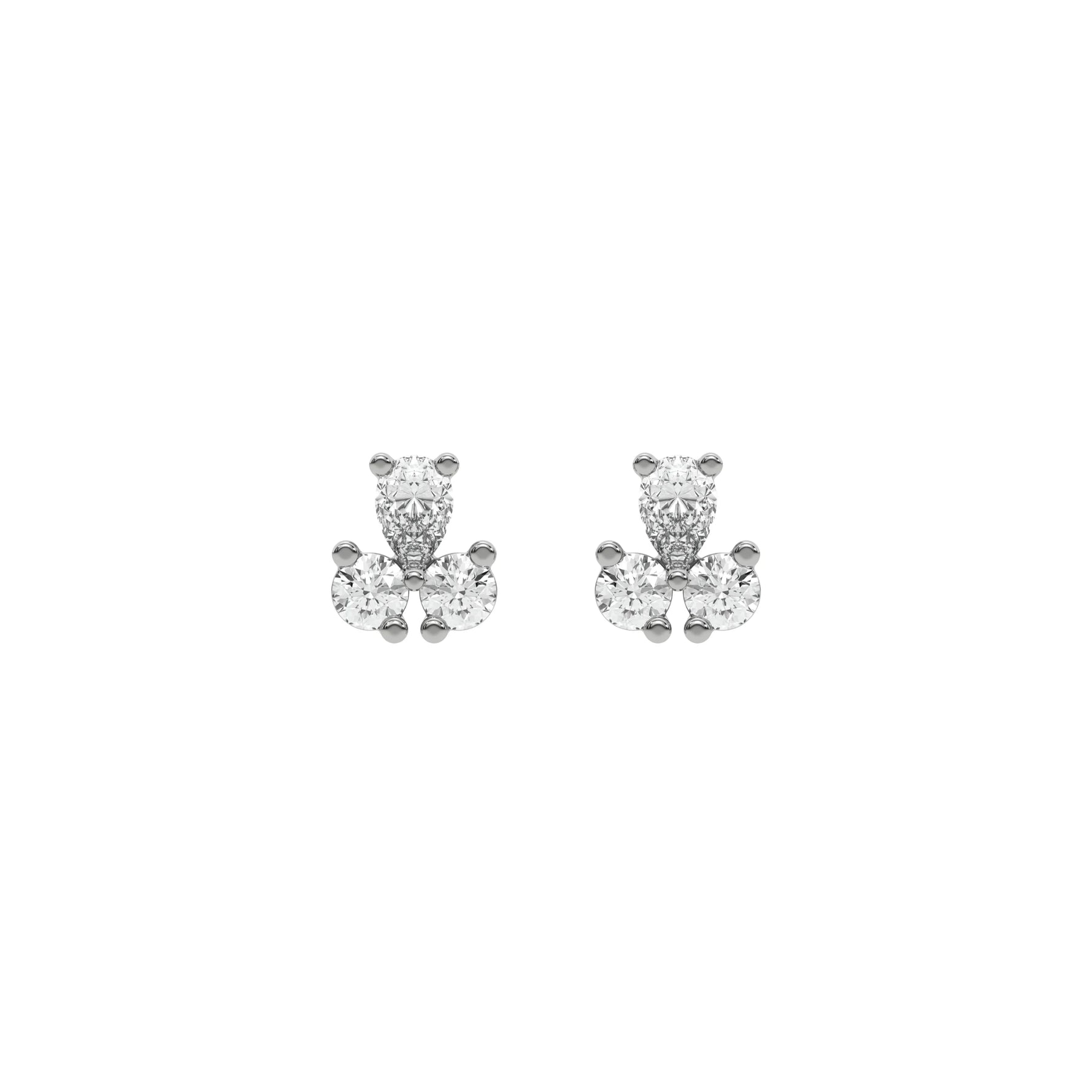18k white gold pear shaped and round cut diamond cluster stud earrings in prong setting.