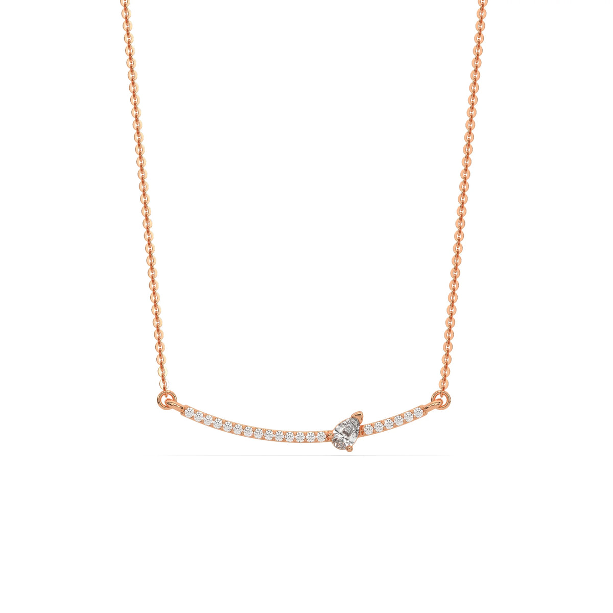 Curved Bar Diamond Necklace made with round brilliant-cut diamond in prong setting with a pear solitaire on top set at an angle with adjustable chain