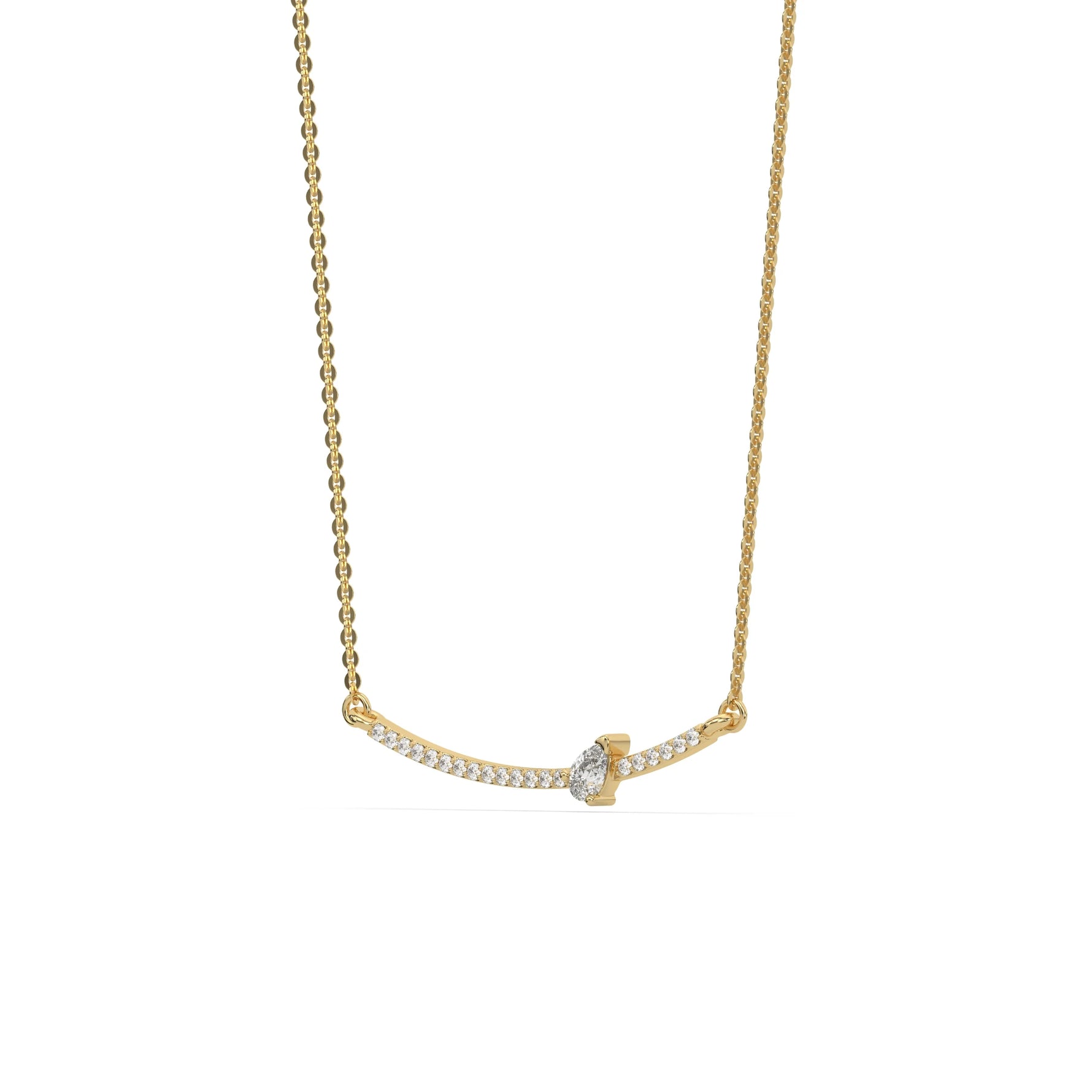 Curved Bar Diamond Necklace made with round brilliant-cut diamond in prong setting with a pear solitaire on top set at an angle with adjustable chain