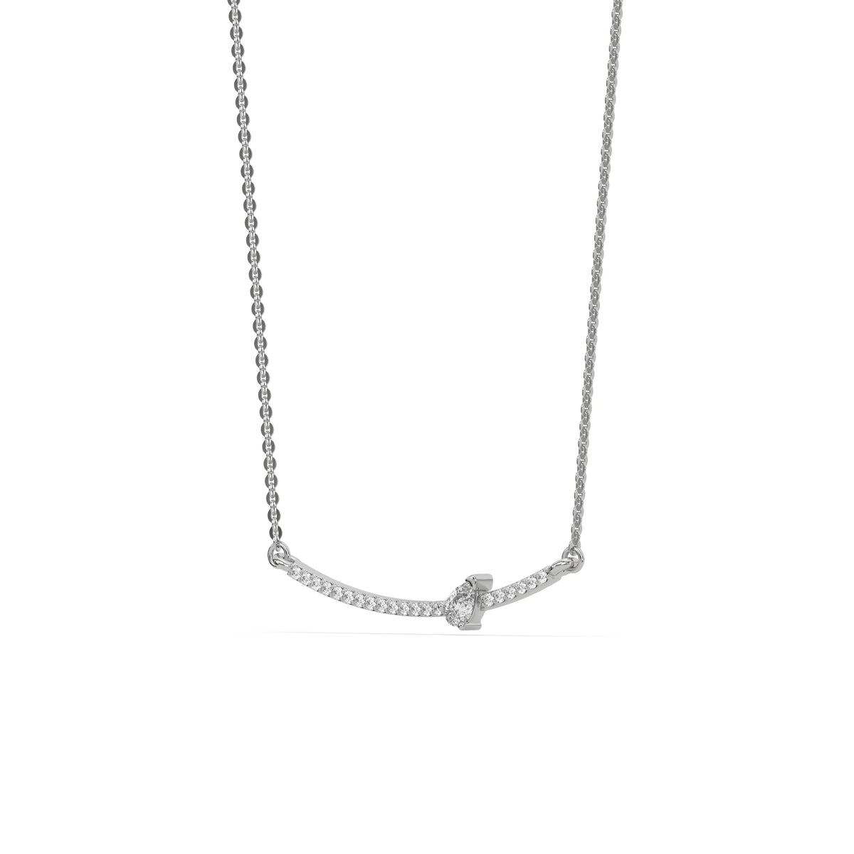 Curved Bar Diamond Necklace made with round brilliant-cut diamond in prong setting with a pear solitaire on top set at an angle with adjustable chain