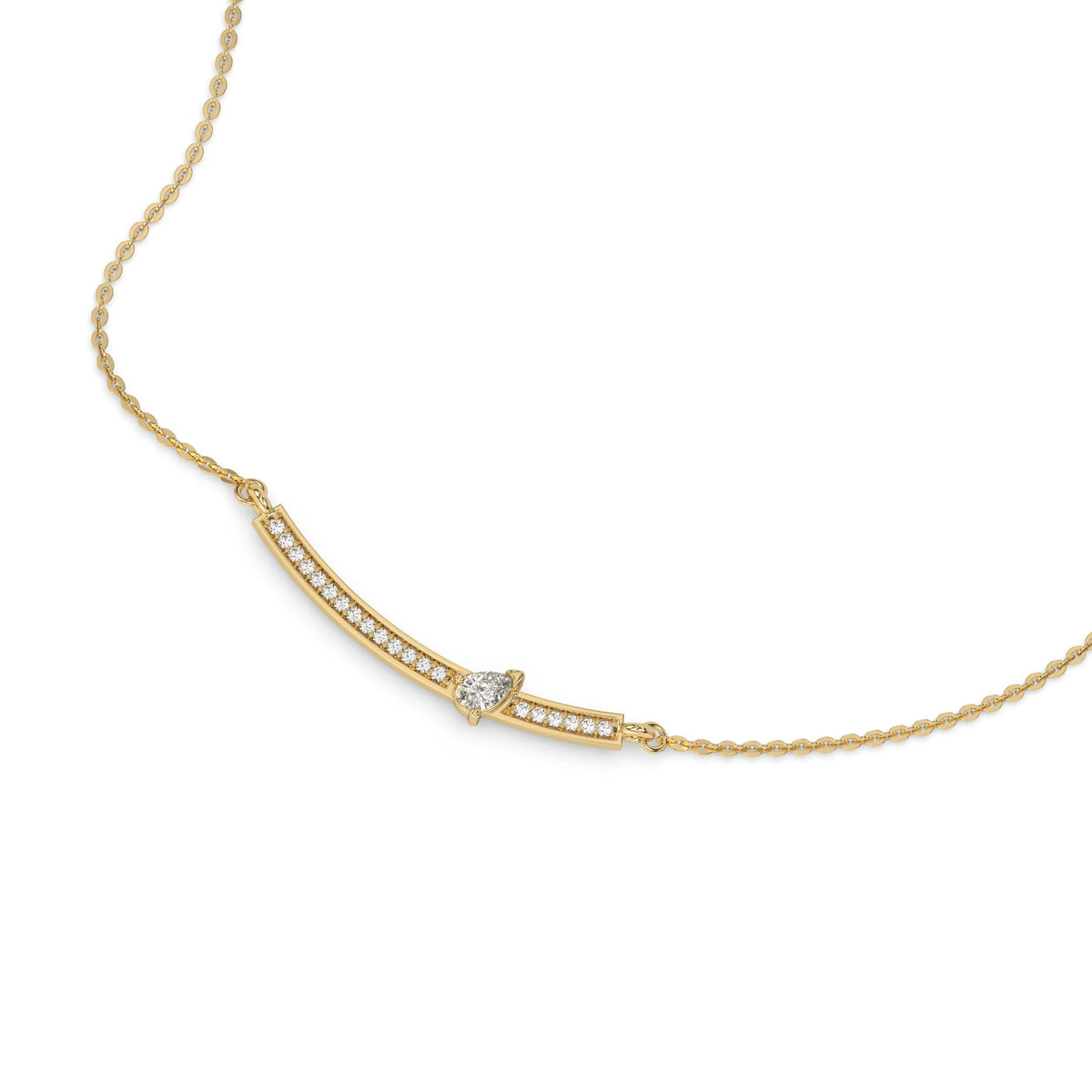 Curved Bar Diamond Necklace made with round brilliant-cut diamond in pave setting with a pear solitaire on top set at an angle with adjustable chain