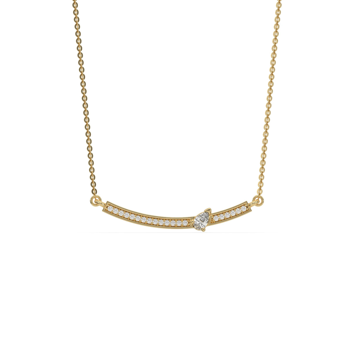 Beautiful Round and pear diamond necklace featuring a diamond-lined curved bar with prong and pave-set stones in yellow gold with a white background.