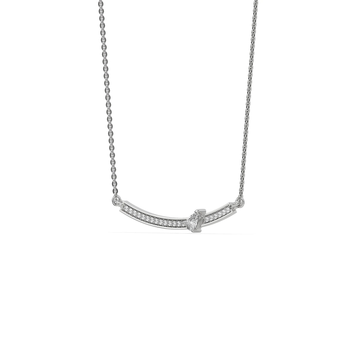 Curved Bar Diamond Necklace made with round brilliant-cut diamond in pave setting with a pear solitaire on top set at an angle with adjustable chain