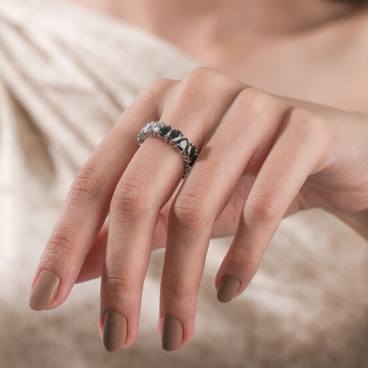 14K Yellow Gold Pear Black and White Diamond Eternity Ring