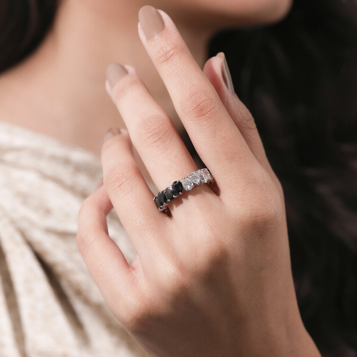 14K Yellow Gold Pear Black and White Diamond Eternity Ring