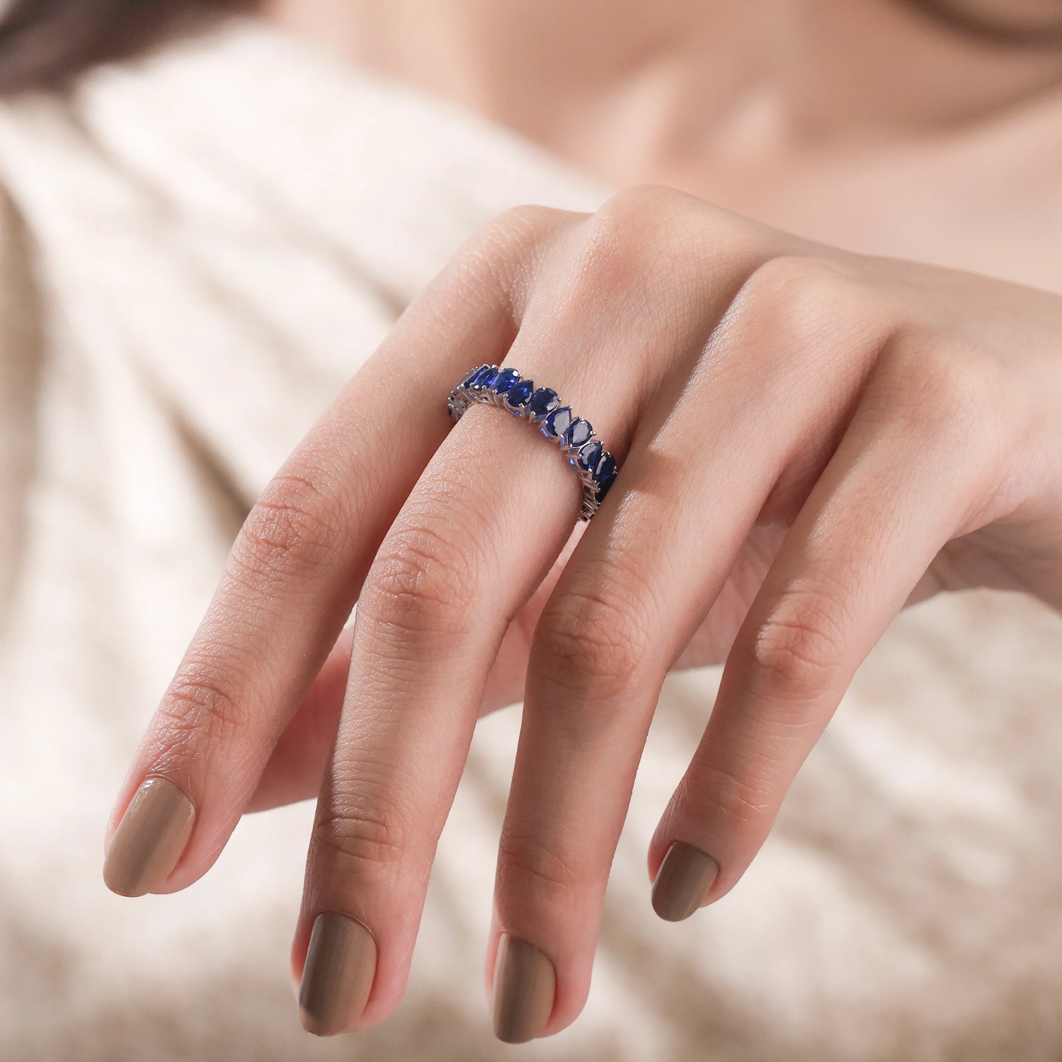 5.40 CT Pear Shaped Lab Created Blue Sapphire Full Eternity Ring