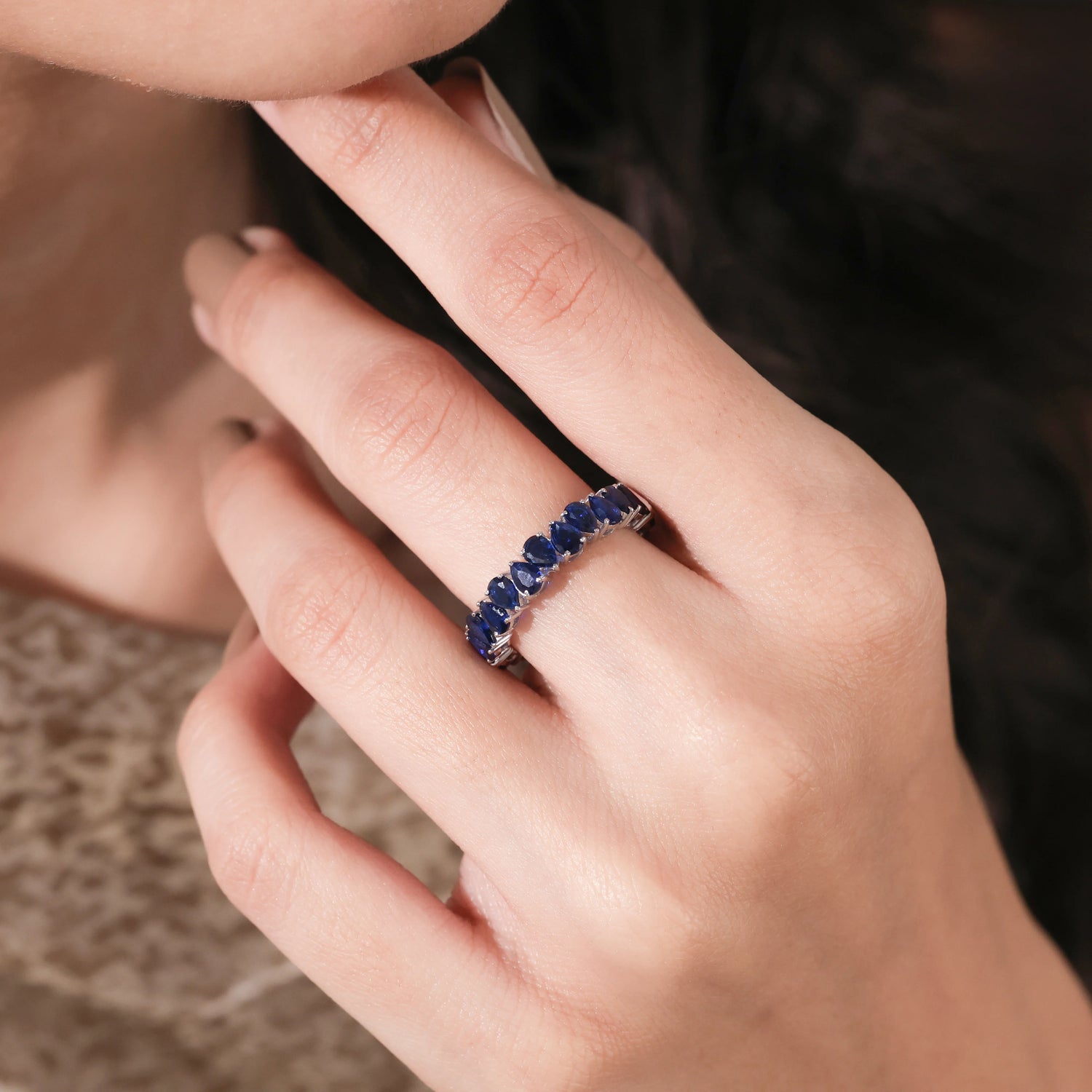 3.40 CT Pear Shaped Lab Blue Sapphire Eternity Ring