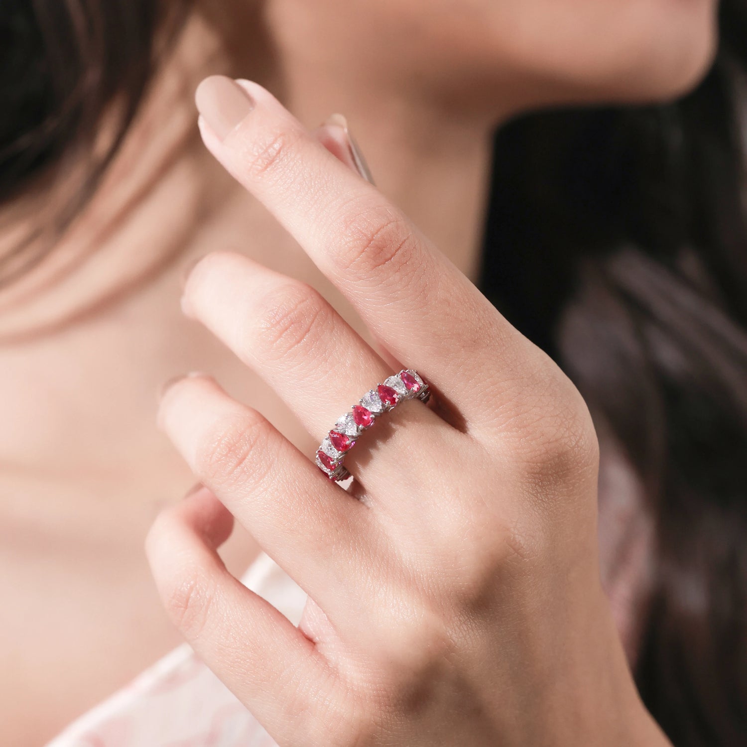 Pear Shaped Lab Ruby and Diamond Eternity Ring