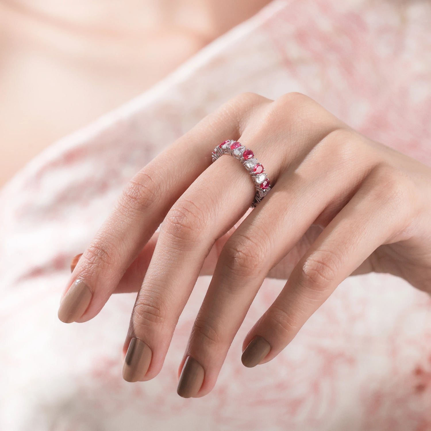 Pear Shaped Natural Ruby and Lab Diamond Eternity Ring