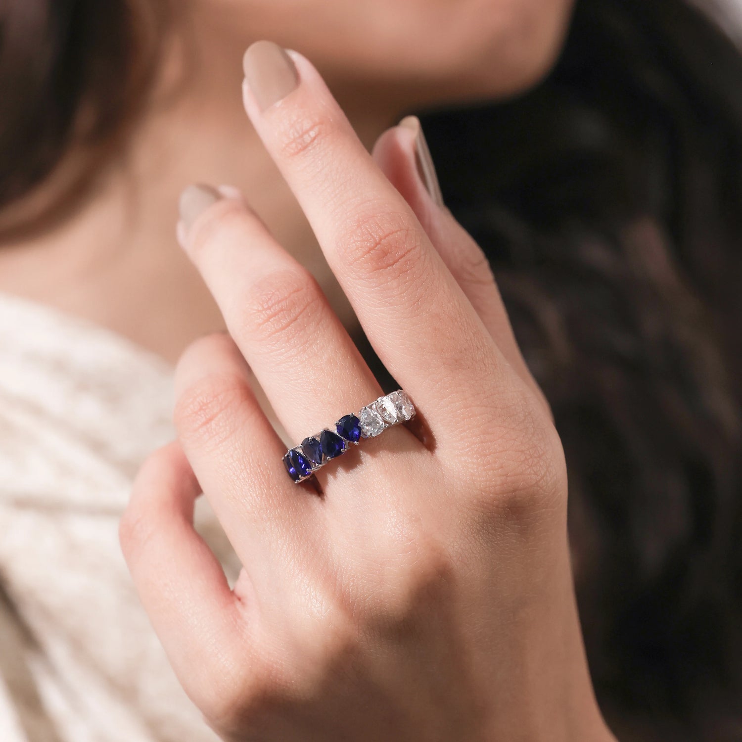 5.40 CT Pear Lab Diamond and Sapphire Eternity Ring