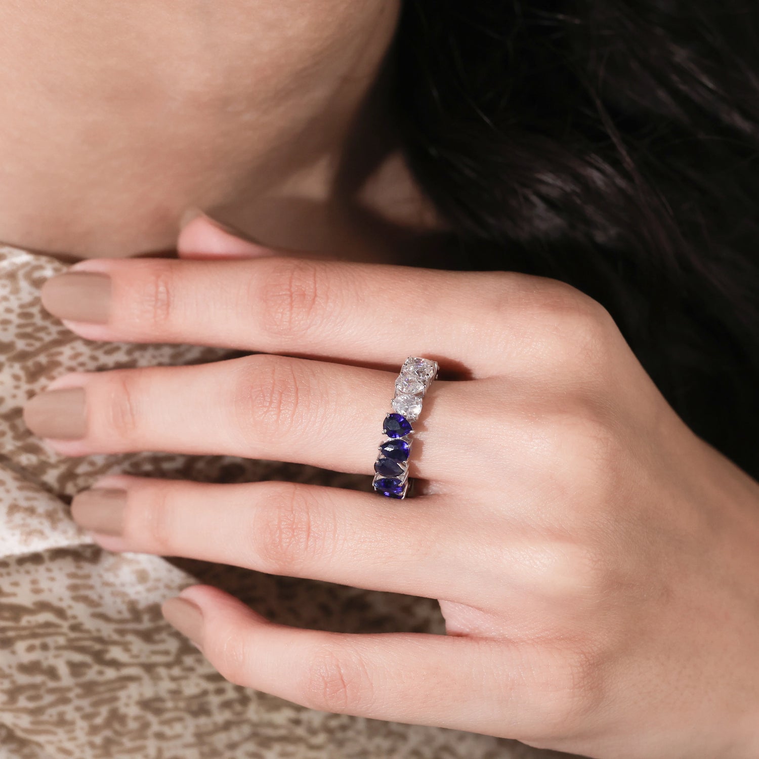 3.40 CT Pear Shaped Lab Diamond and Blue Sapphire Eternity Ring