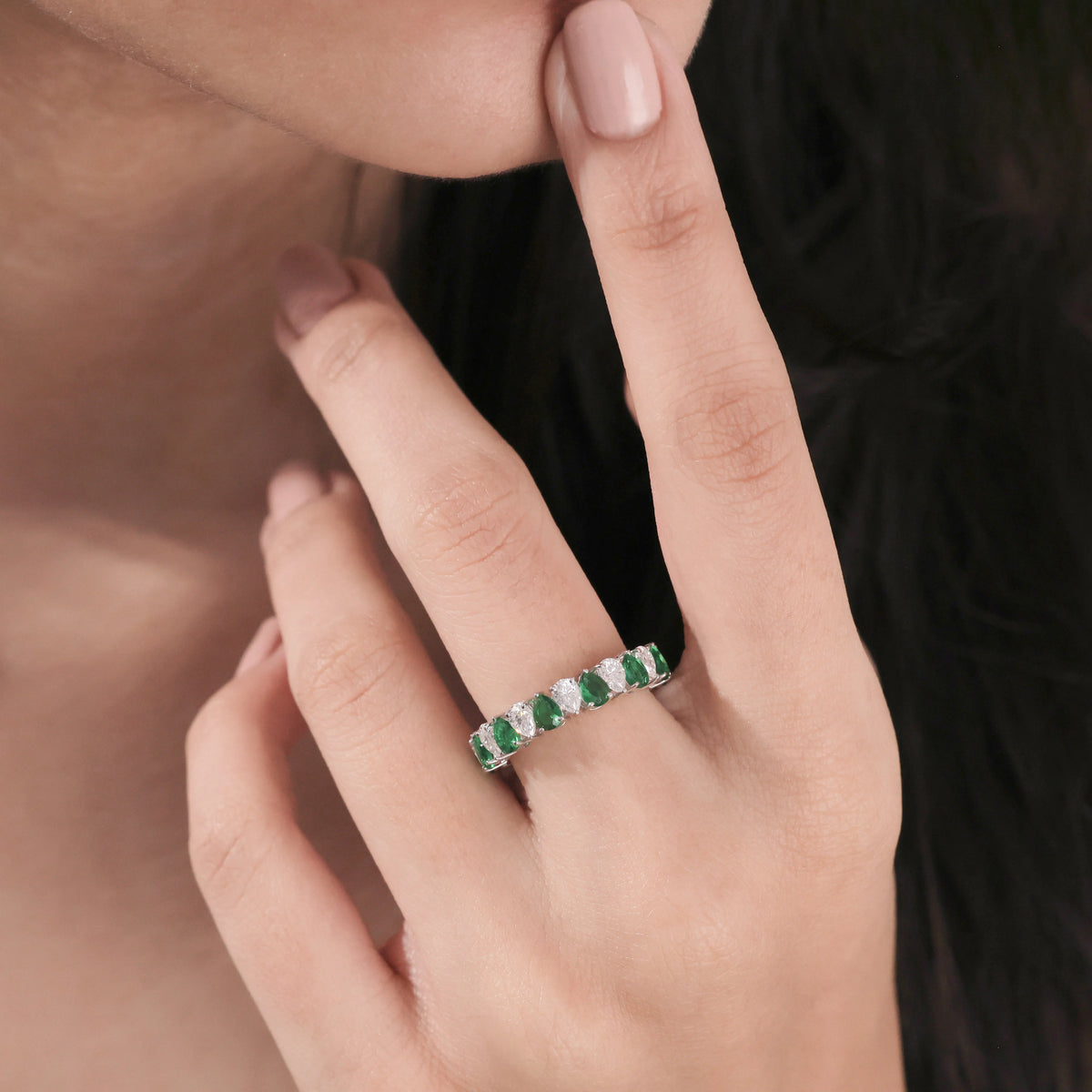 Pear Cut Diamond Emerald Gemstone Full Eternity  Ring