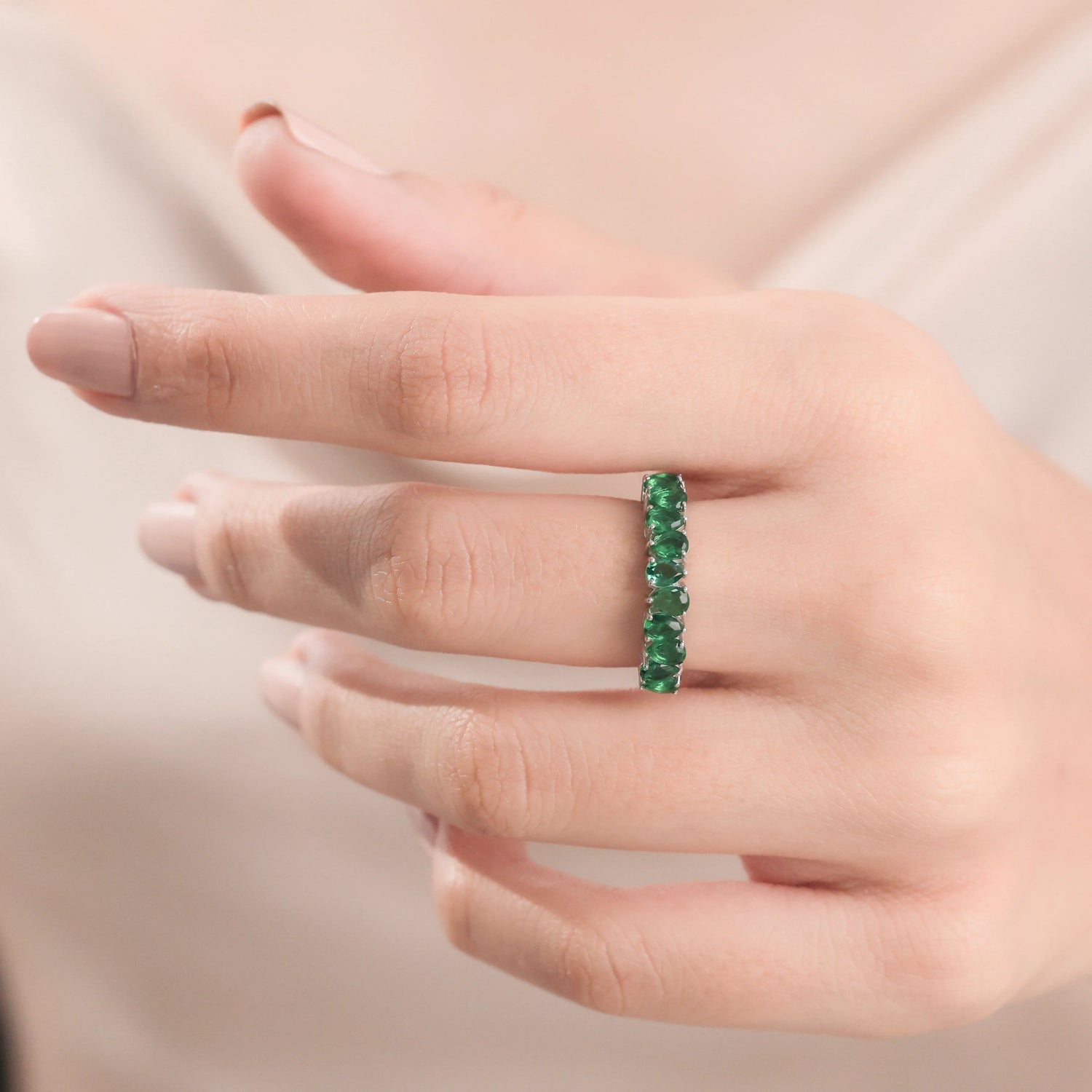 Pear Cut 14K Gold Emerald Gemstone Half Eternity Ring