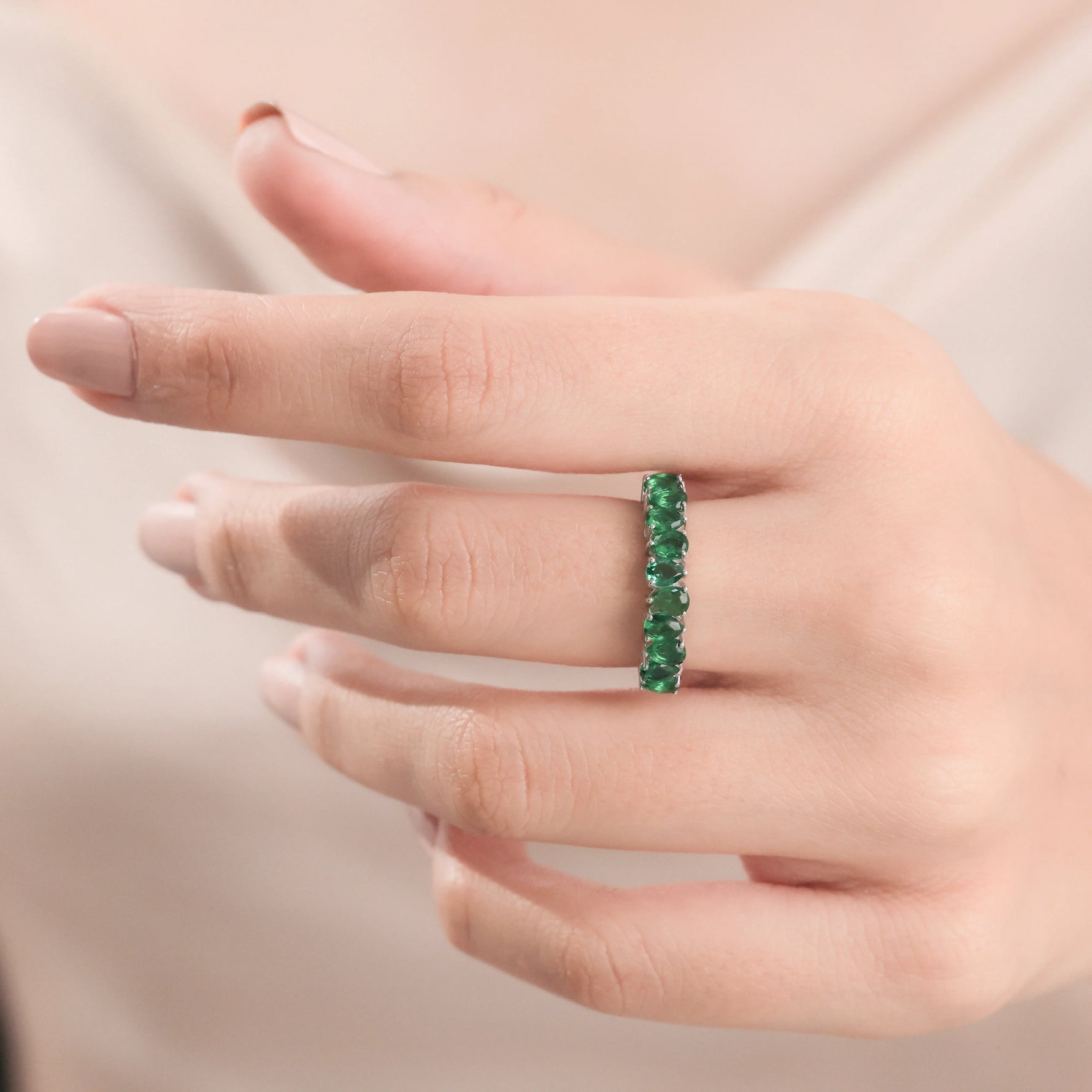 Pear Cut 14K Gold Emerald Gemstone Half Eternity Ring