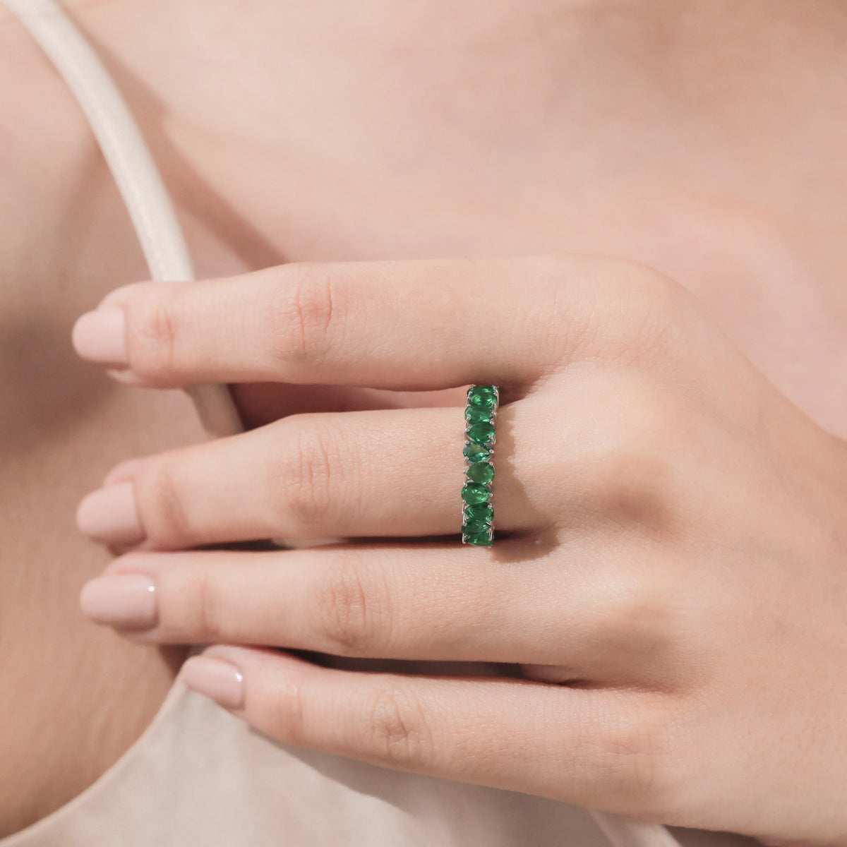 Pear Cut Emerald Gemstone Half Eternity Ring