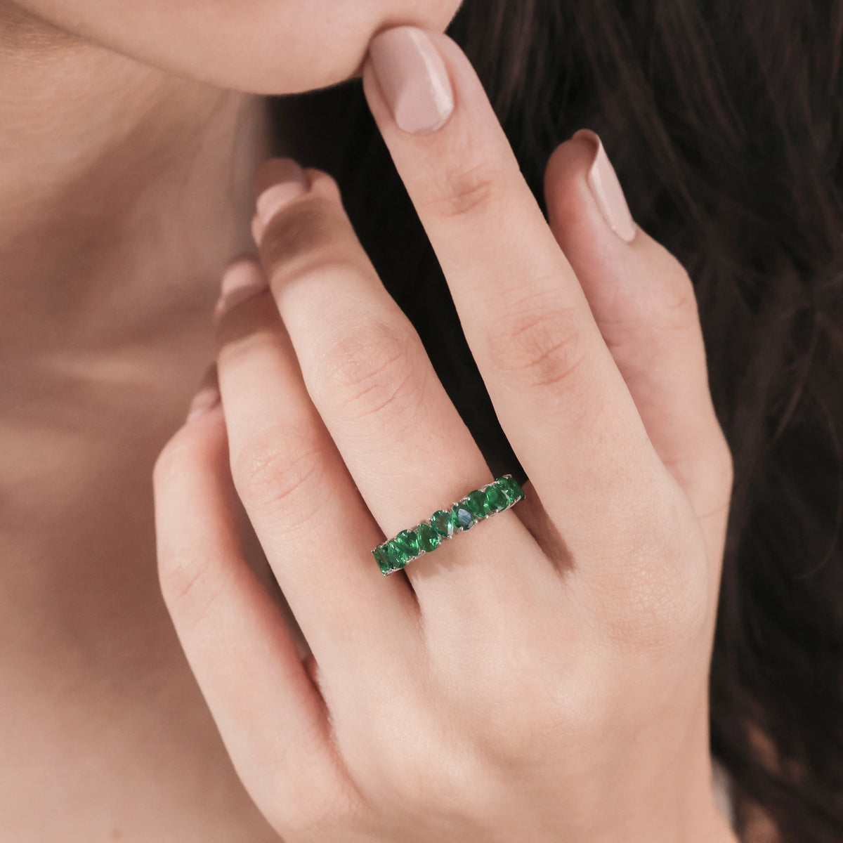 14k White Gold Pear Cut Emerald Gemstone Half Eternity Ring