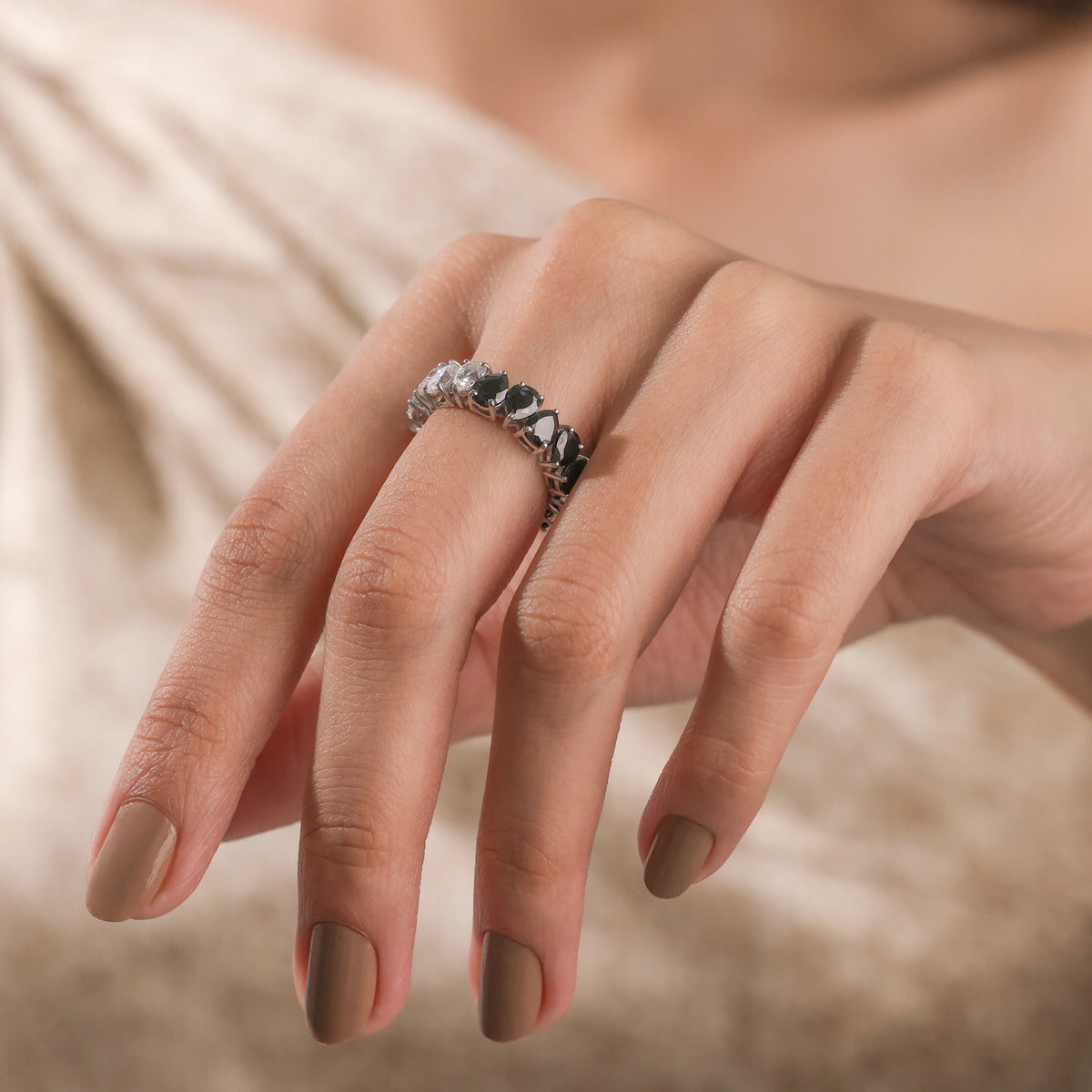 14K White Gold Pear Cut Black Diamond Full Eternity Ring